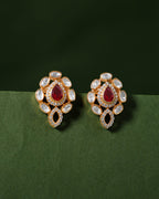 Red Teardrop CZ Silver Polki Pattern Earrings in Gold-Plated