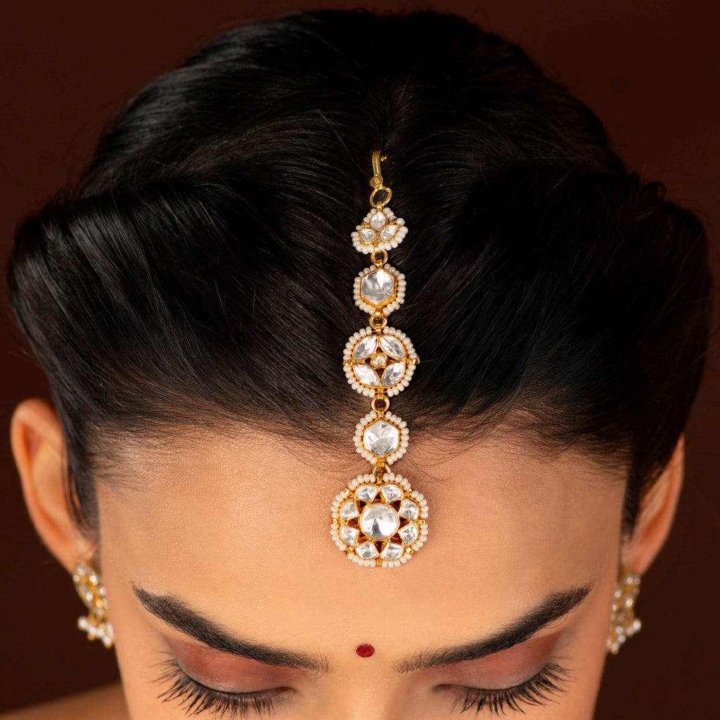 Polki Pattern Maang Tikka in 92.5 Pure Silver