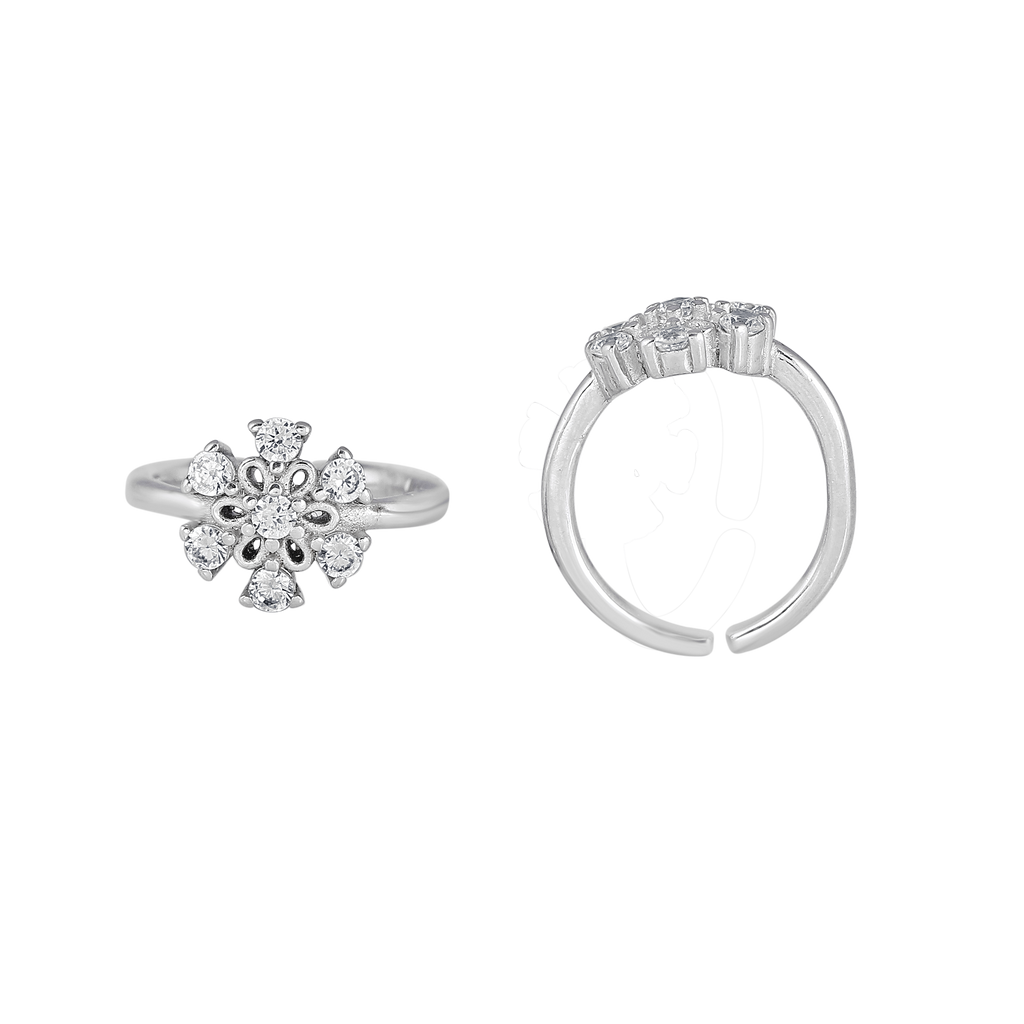 Silver Sparkling Floral Toe Rings