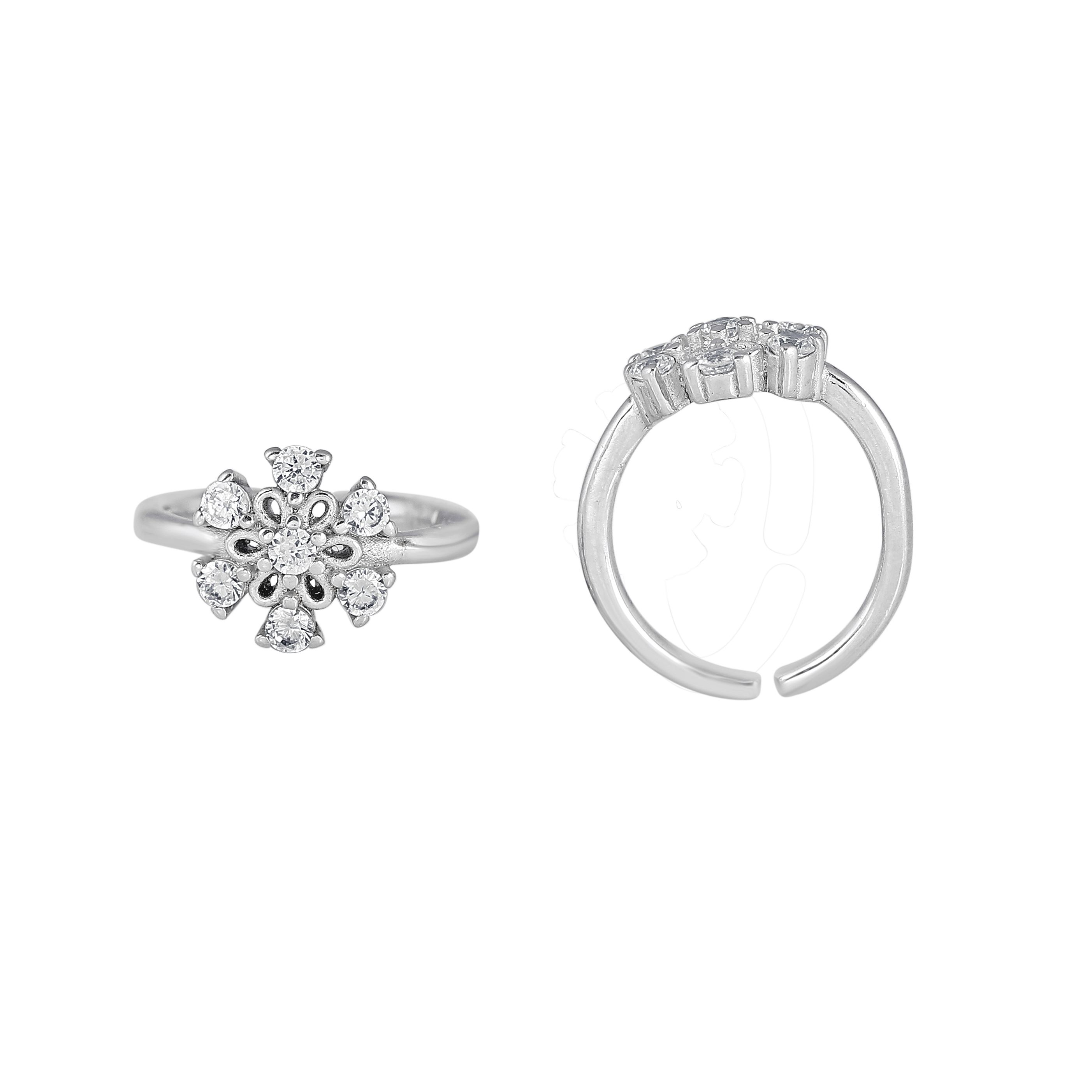 Silver Sparkling Floral Toe Rings