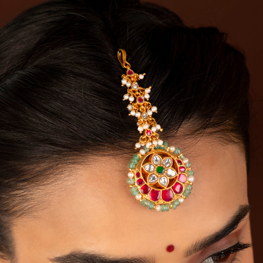 Floral Multi-Stone Maang Tikka in 92.5 Silver