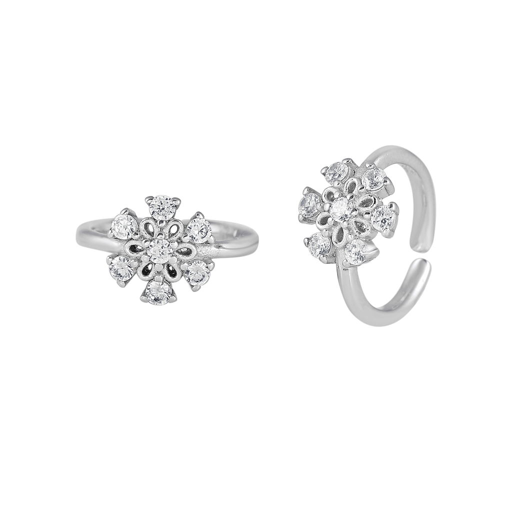 Silver Sparkling Floral Toe Rings