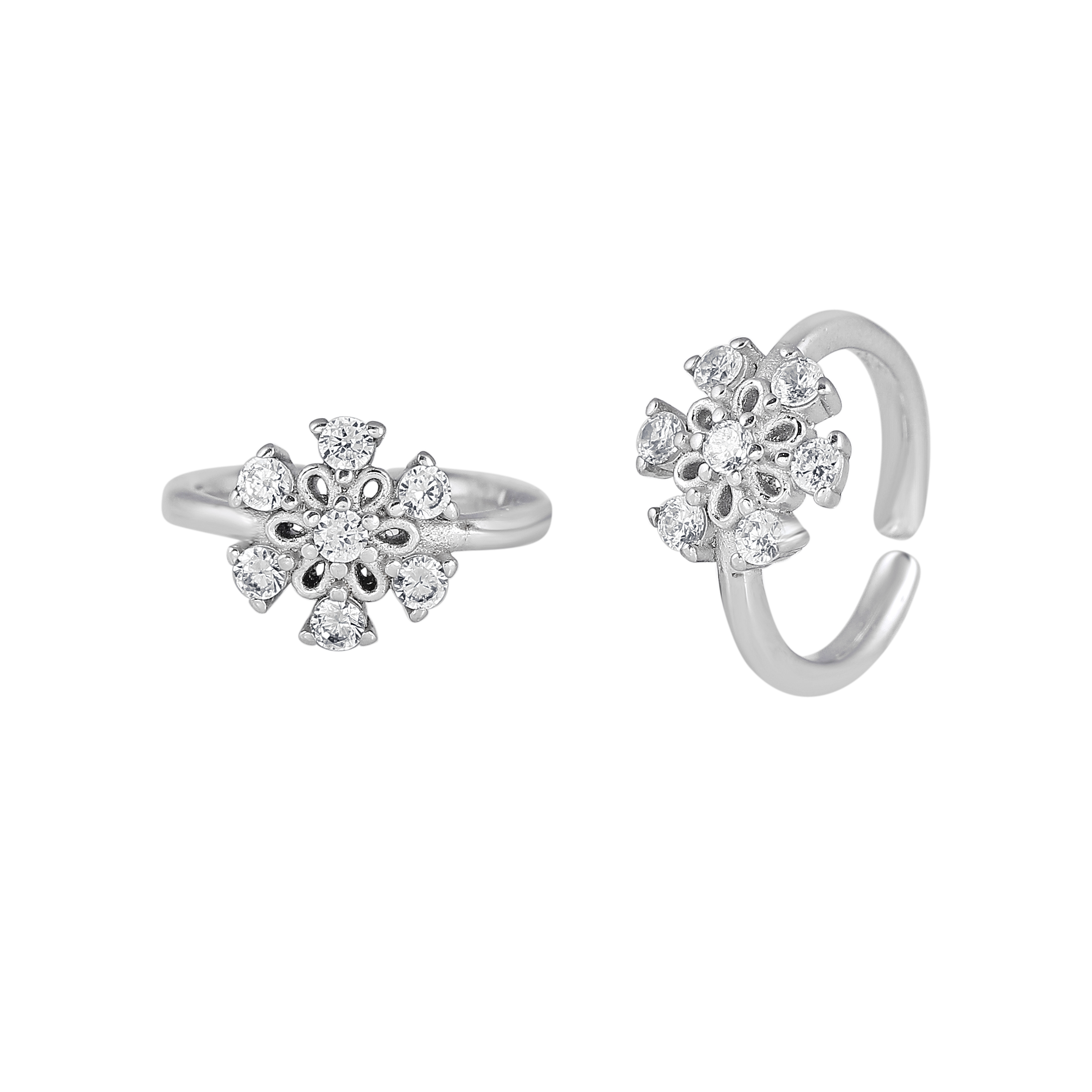 Silver Sparkling Floral Toe Rings