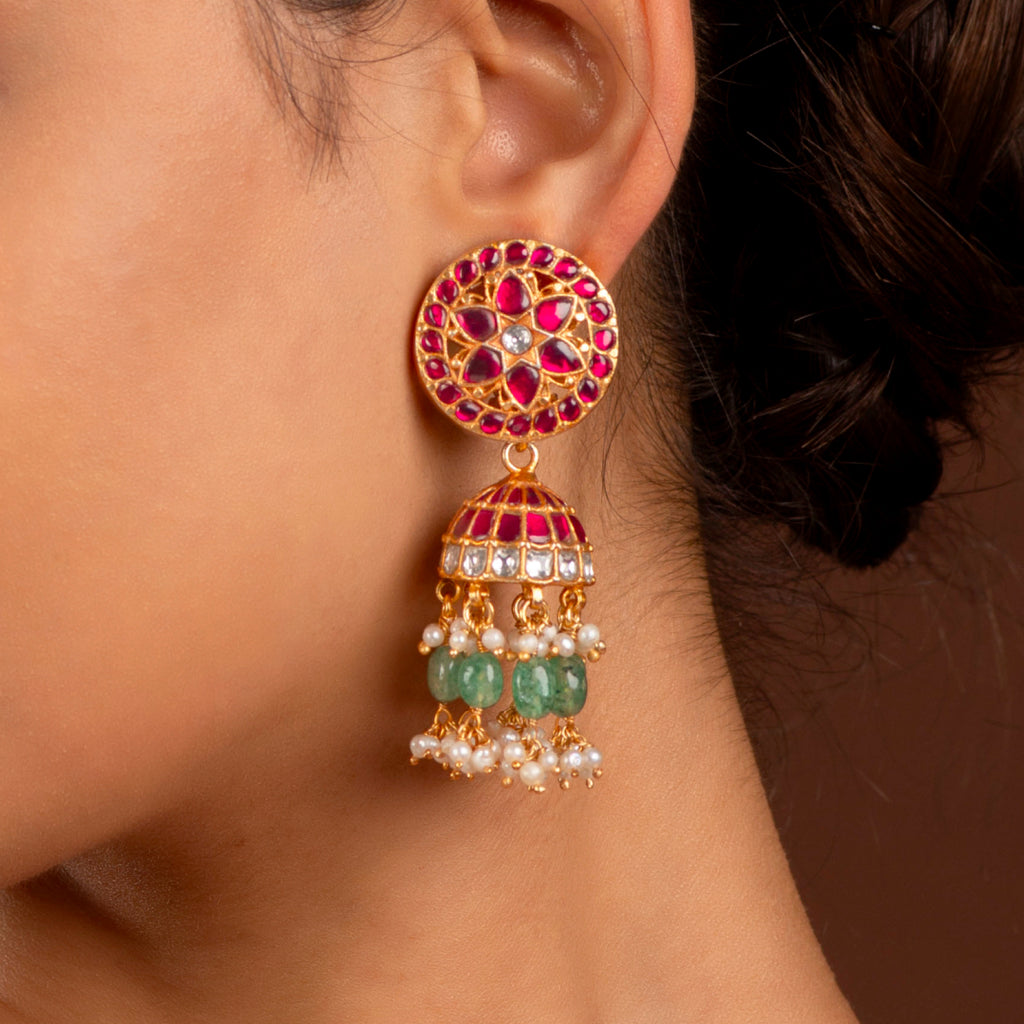 Floral Kundan Pattern Silver Jhumkas
