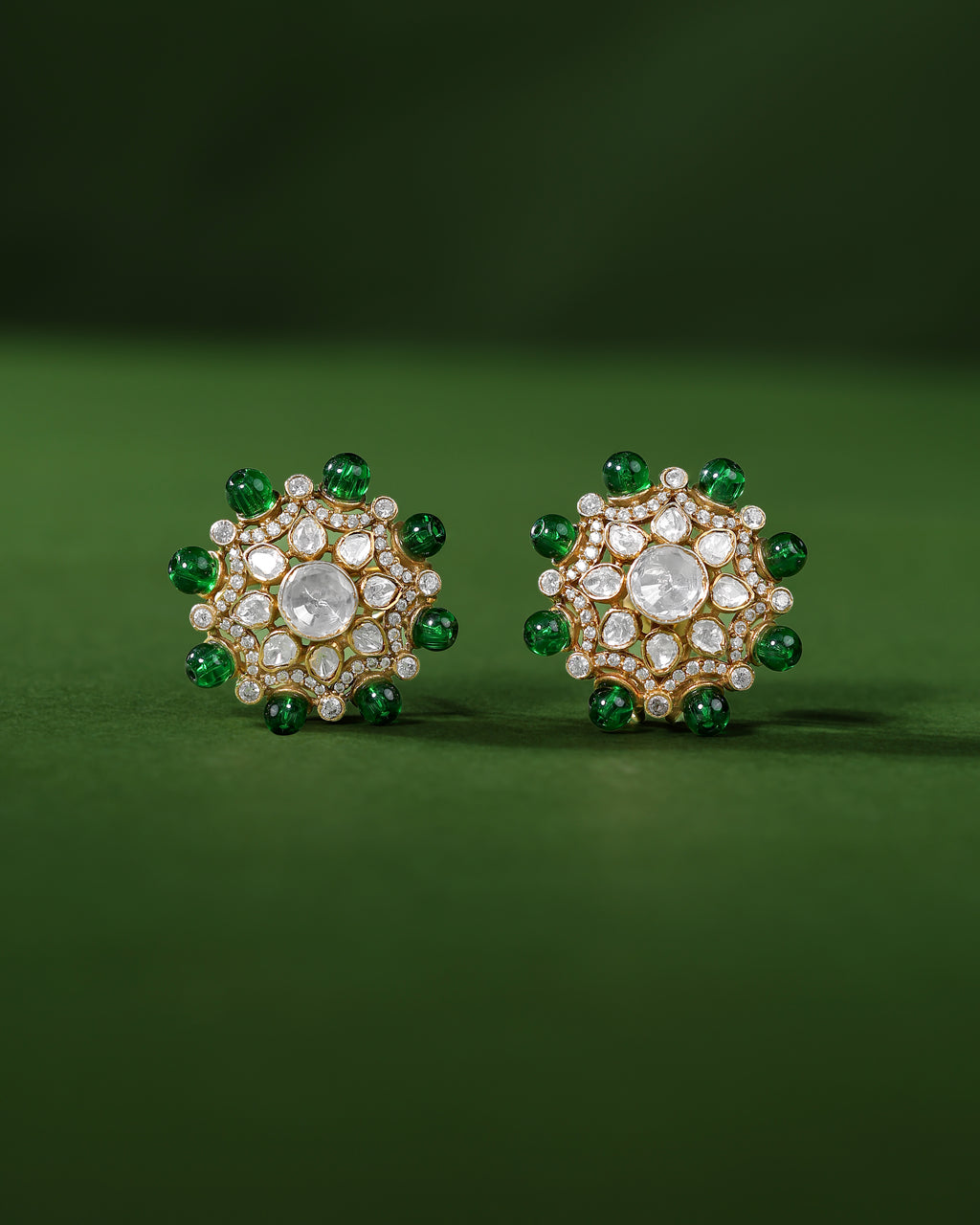 Green Bead Floral Halo Stud Earrings in 92.5 Silver