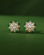 Green Bead Floral Halo Stud Earrings in 92.5 Silver