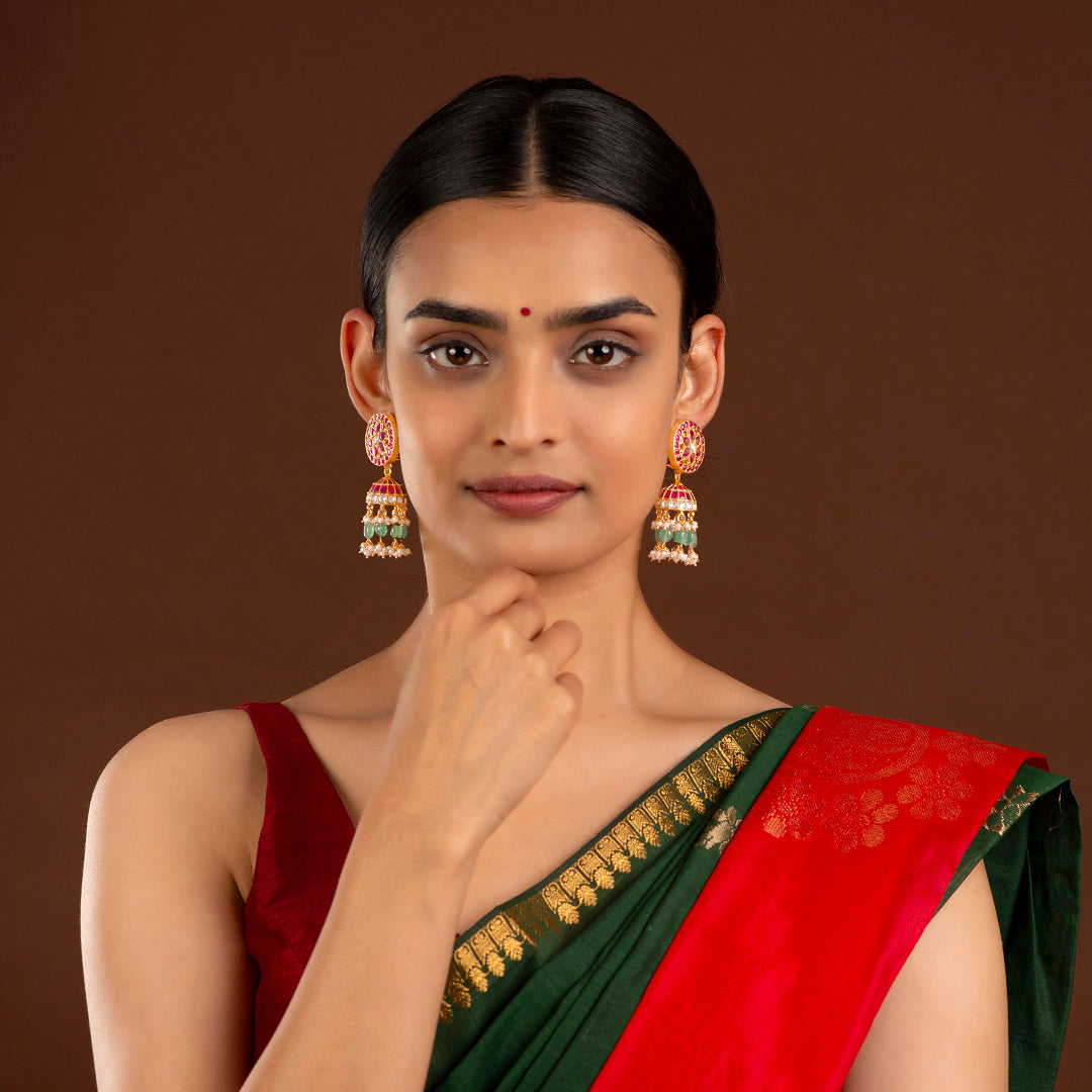 Floral Kundan Pattern Silver Jhumkas