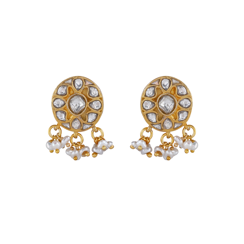 Silver Polki Style CZ Studs with Pearl Drops