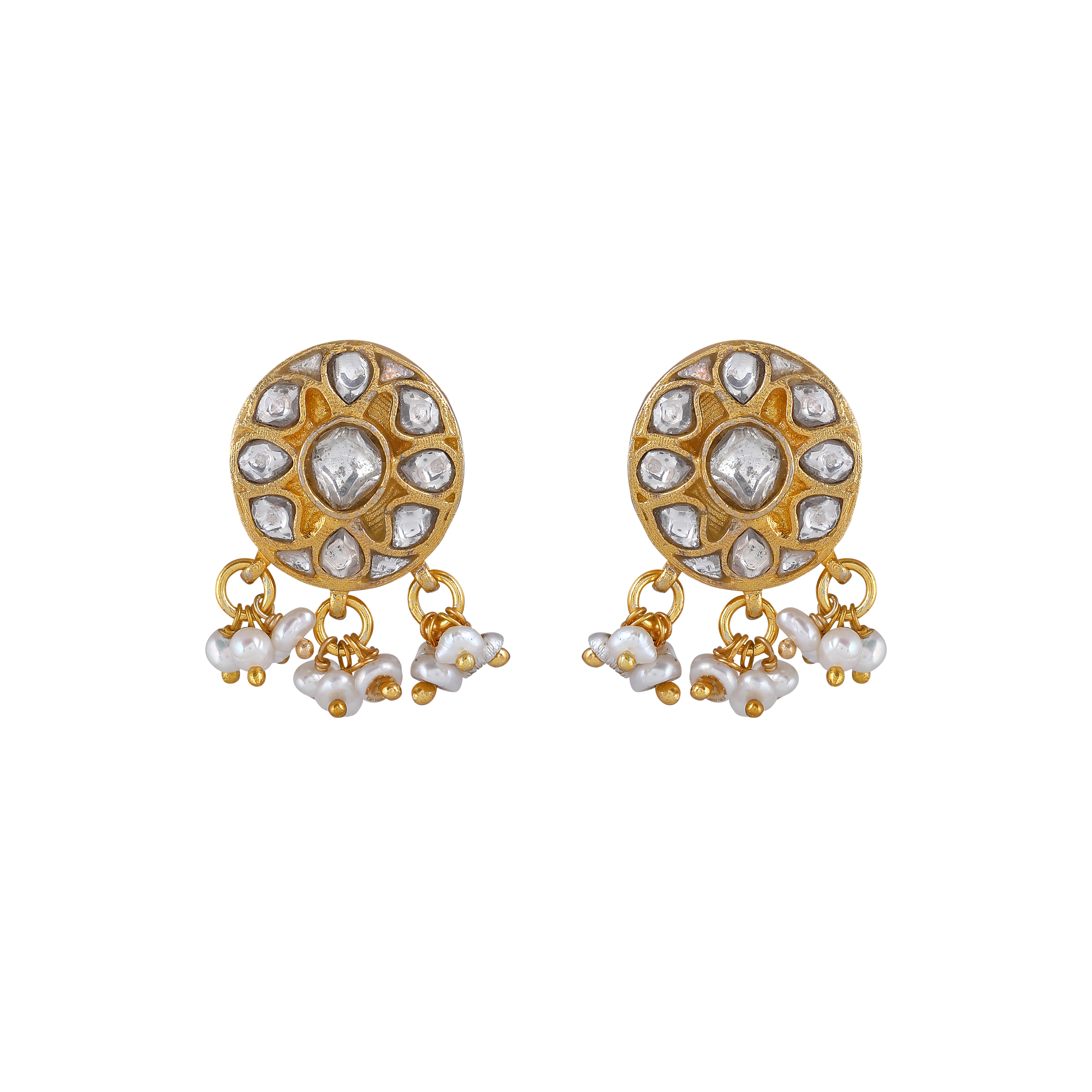 Silver Polki Style CZ Studs with Pearl Drops