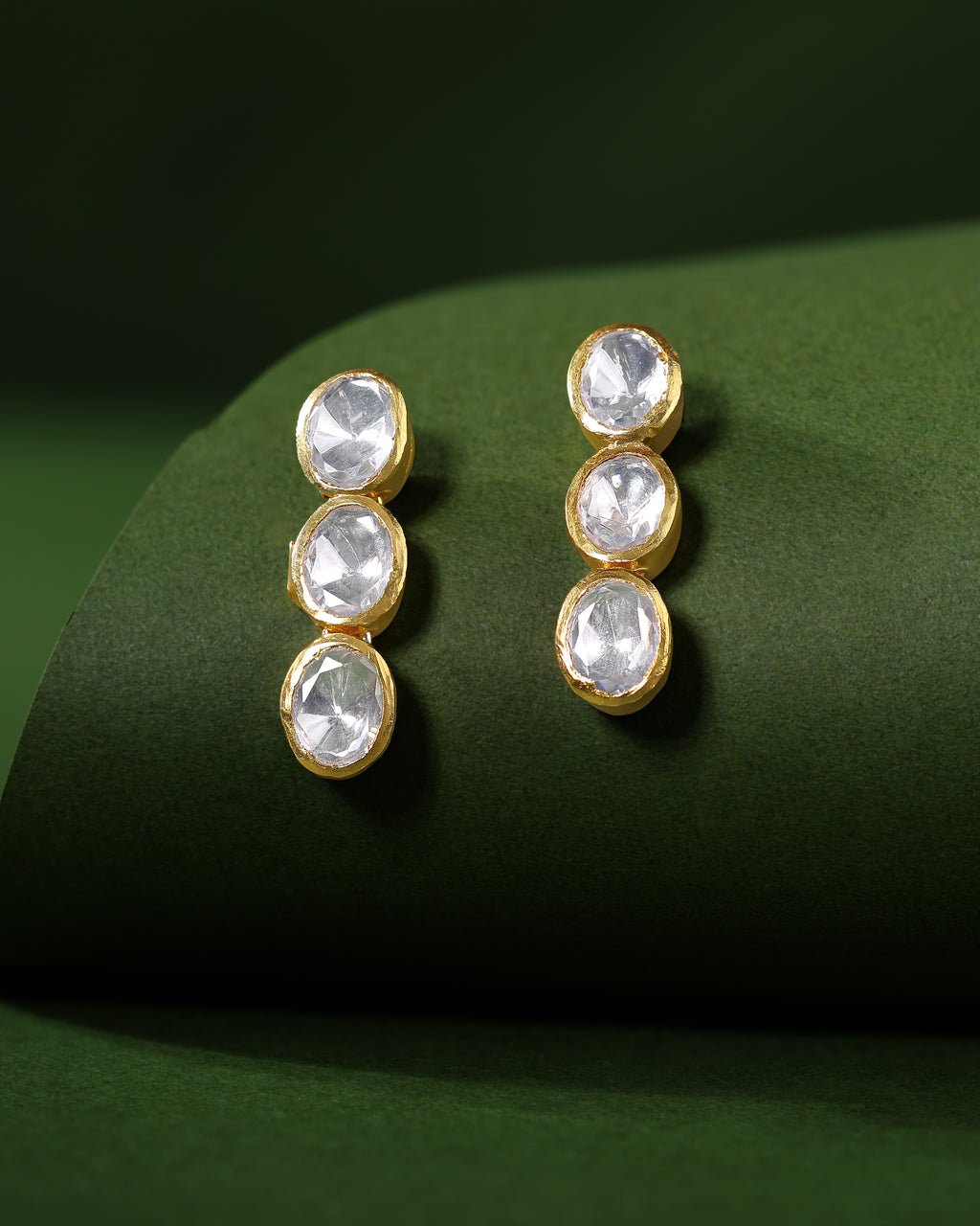 Silver Polki-Style CZ Triple Drop Stud Earrings