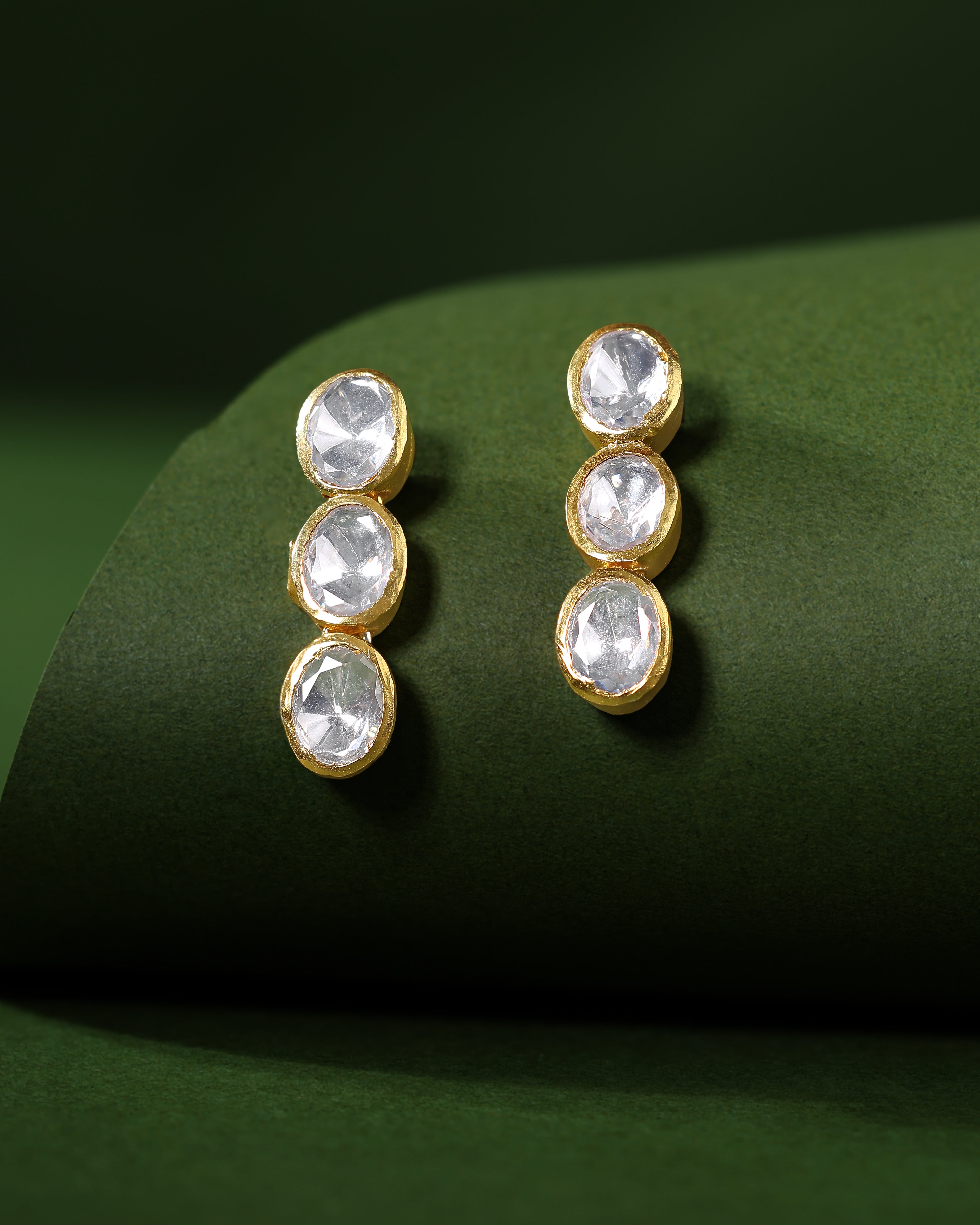 Silver Polki-Style CZ Triple Drop Stud Earrings