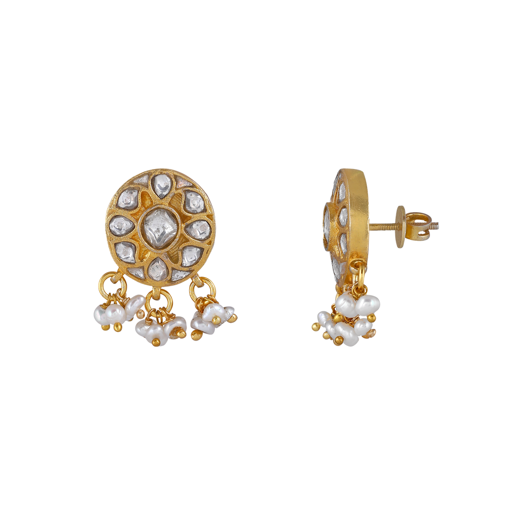 Silver Polki Style CZ Studs with Pearl Drops