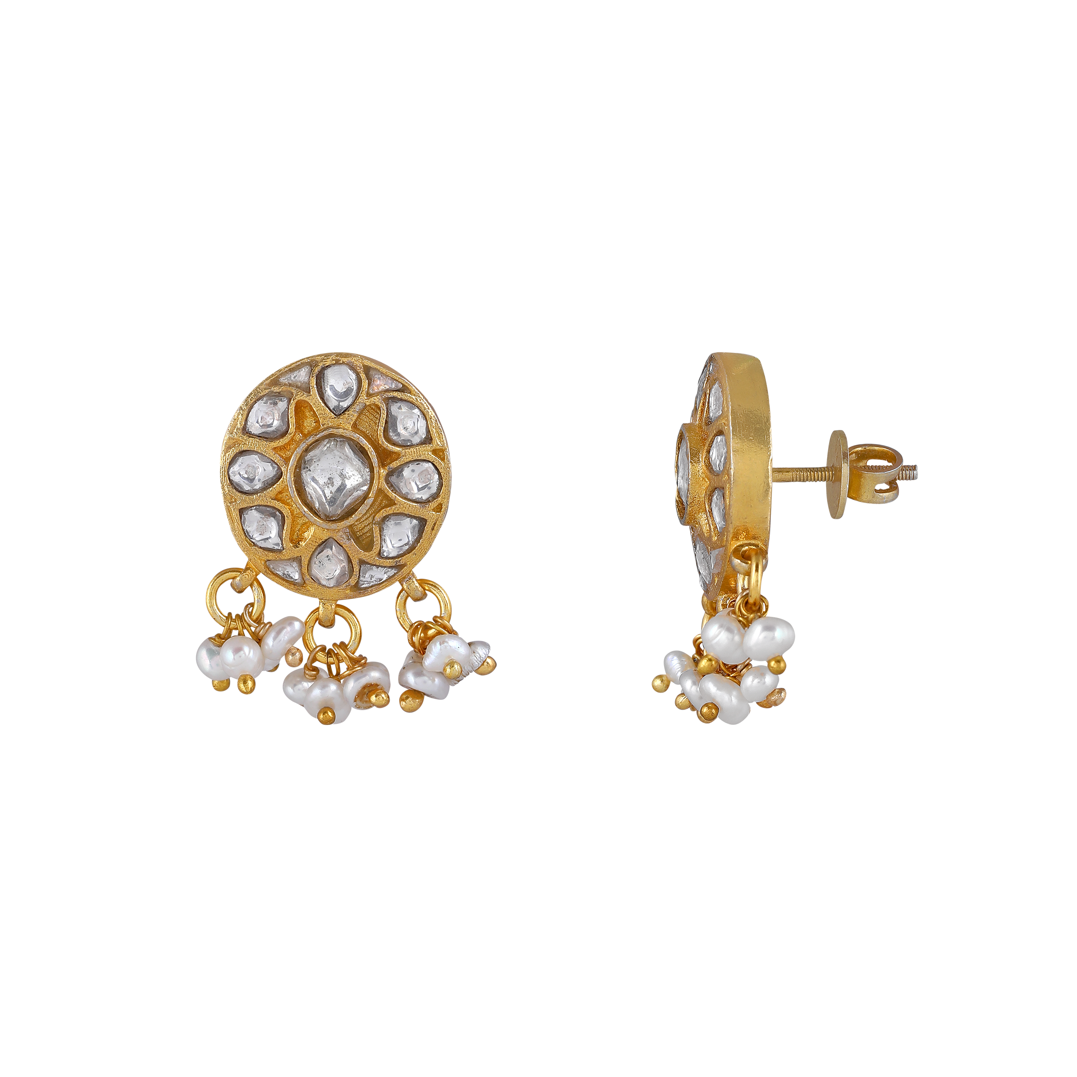 Silver Polki Style CZ Studs with Pearl Drops