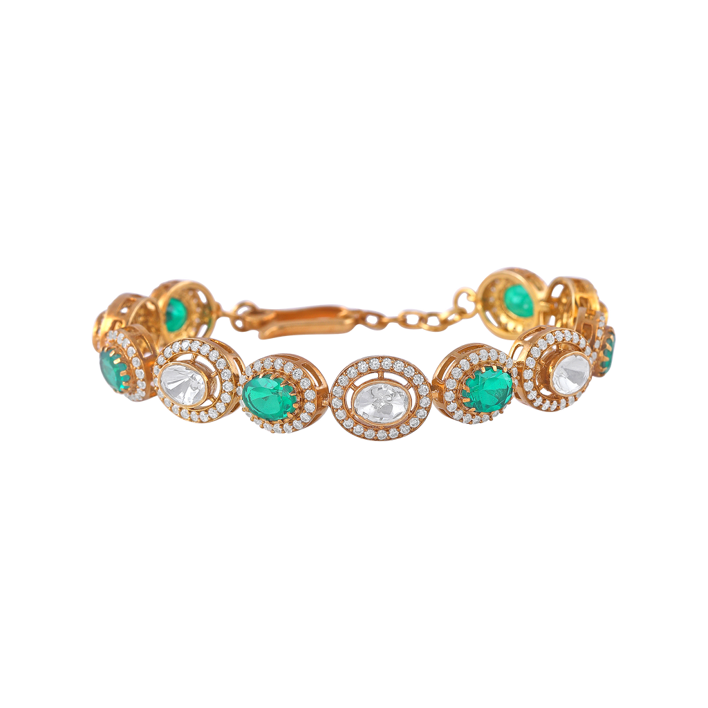 Gold Plated Silver Polki Pattern Bracelet with Green Stone
