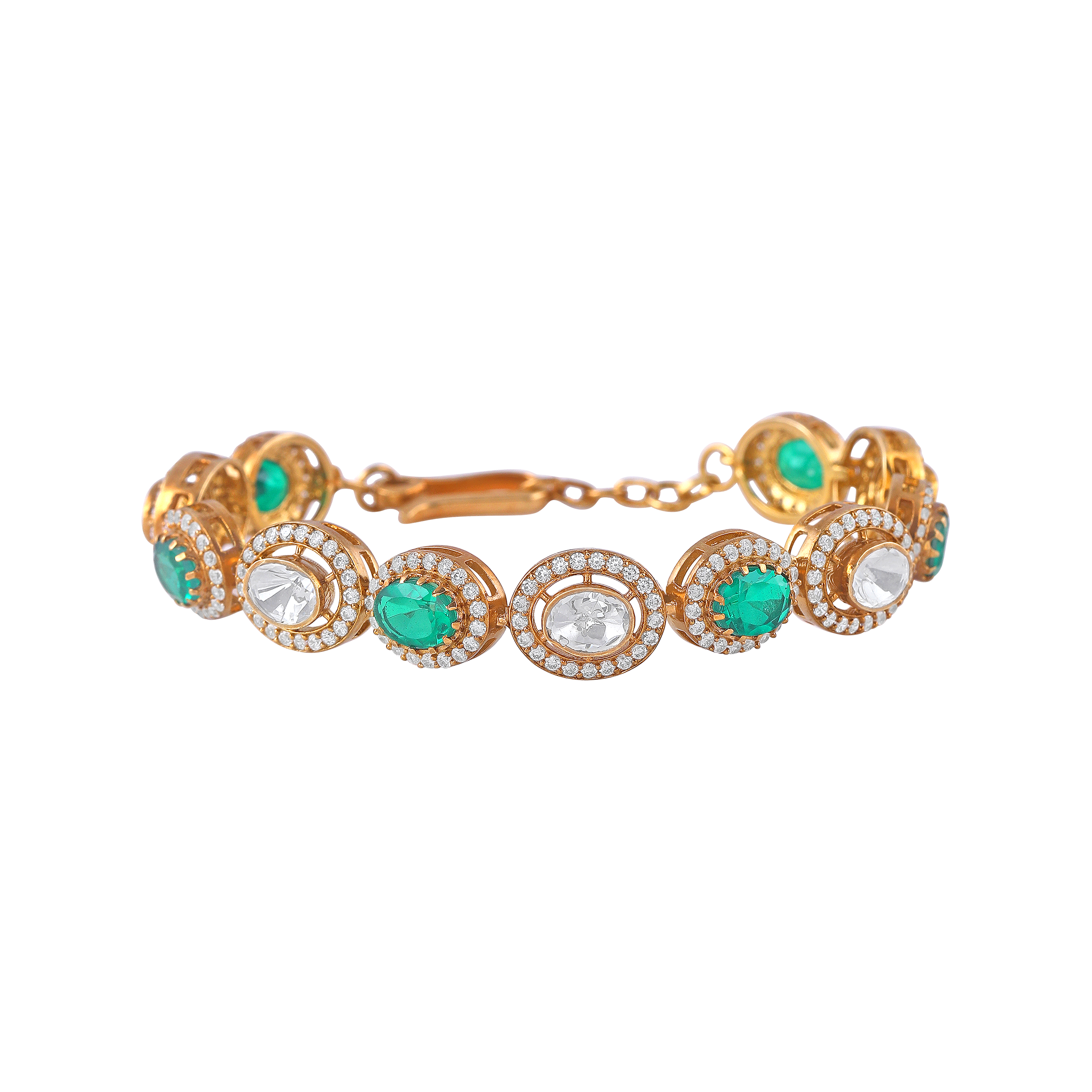 Gold Plated Silver Polki Pattern Bracelet with Green Stone