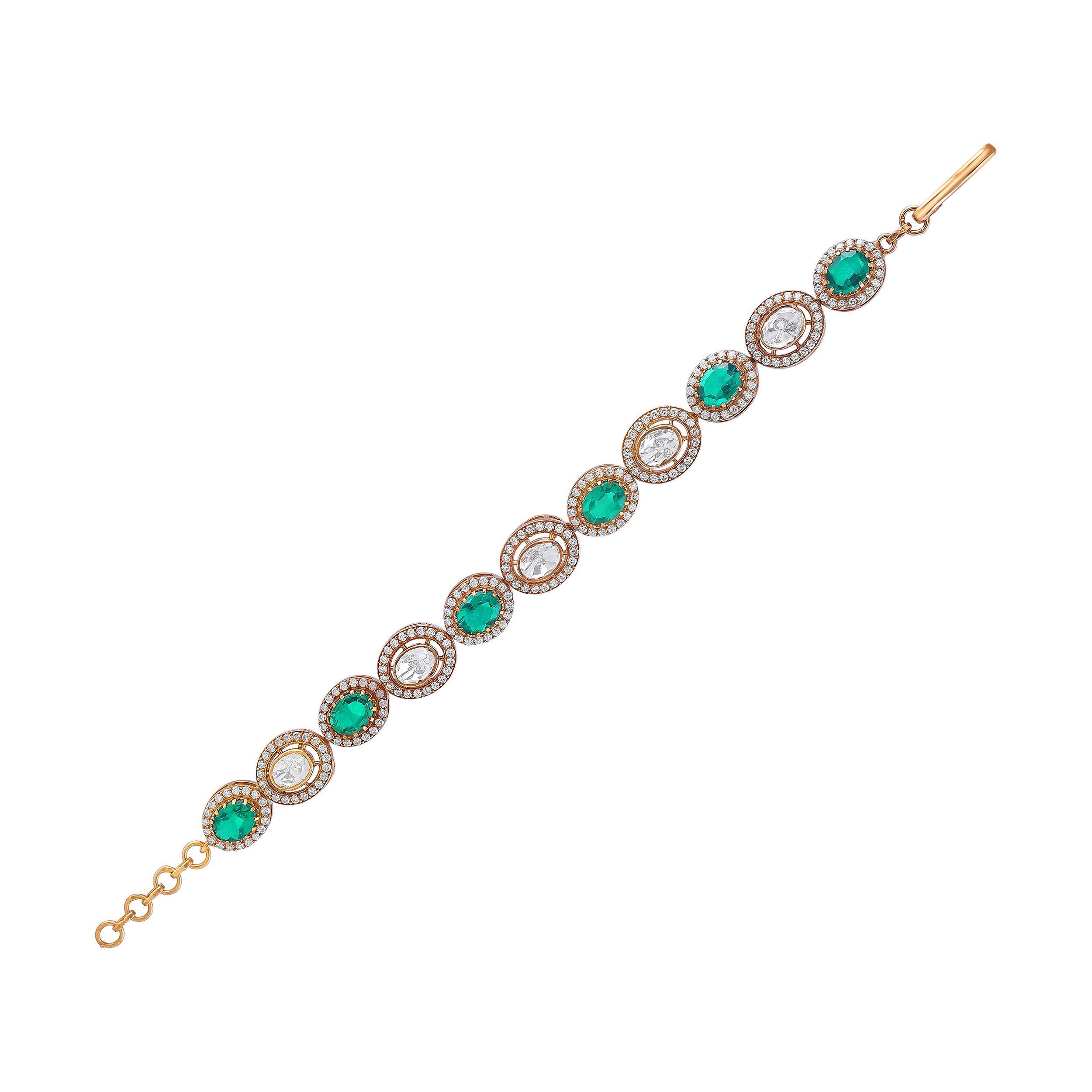 Gold Plated Silver Polki Pattern Bracelet with Green Stone