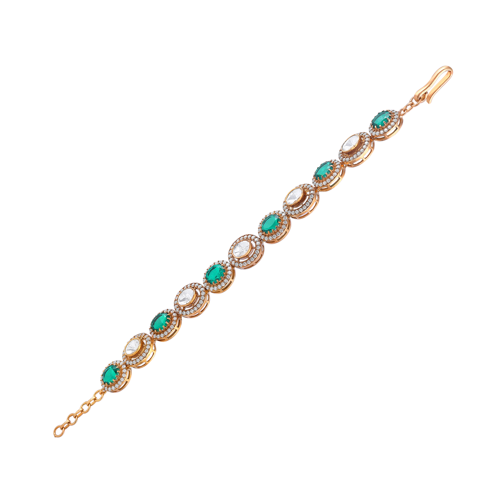 Gold Plated Silver Polki Pattern Bracelet with Green Stone