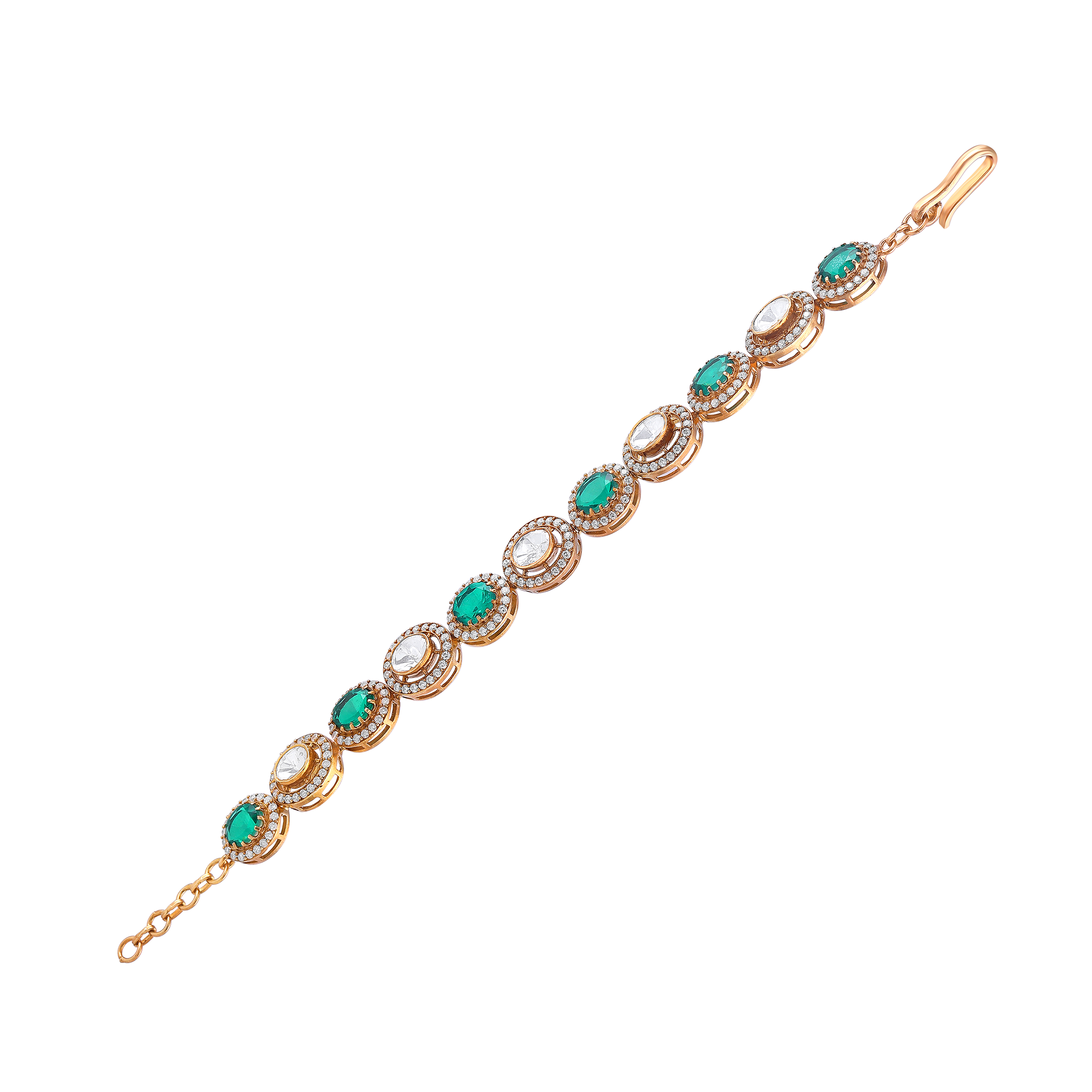 Gold Plated Silver Polki Pattern Bracelet with Green Stone