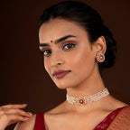 Multi-Strand Pearl Choker with CZ Floral Pendant in Gold Plated Silver