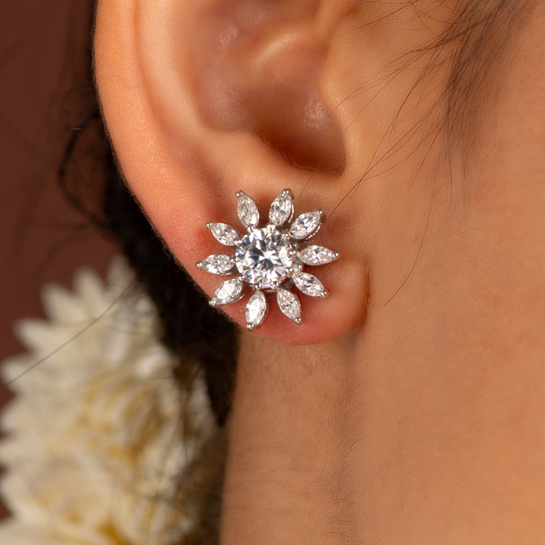 Stellar Sunburst CZ Stud Earrings in Silver