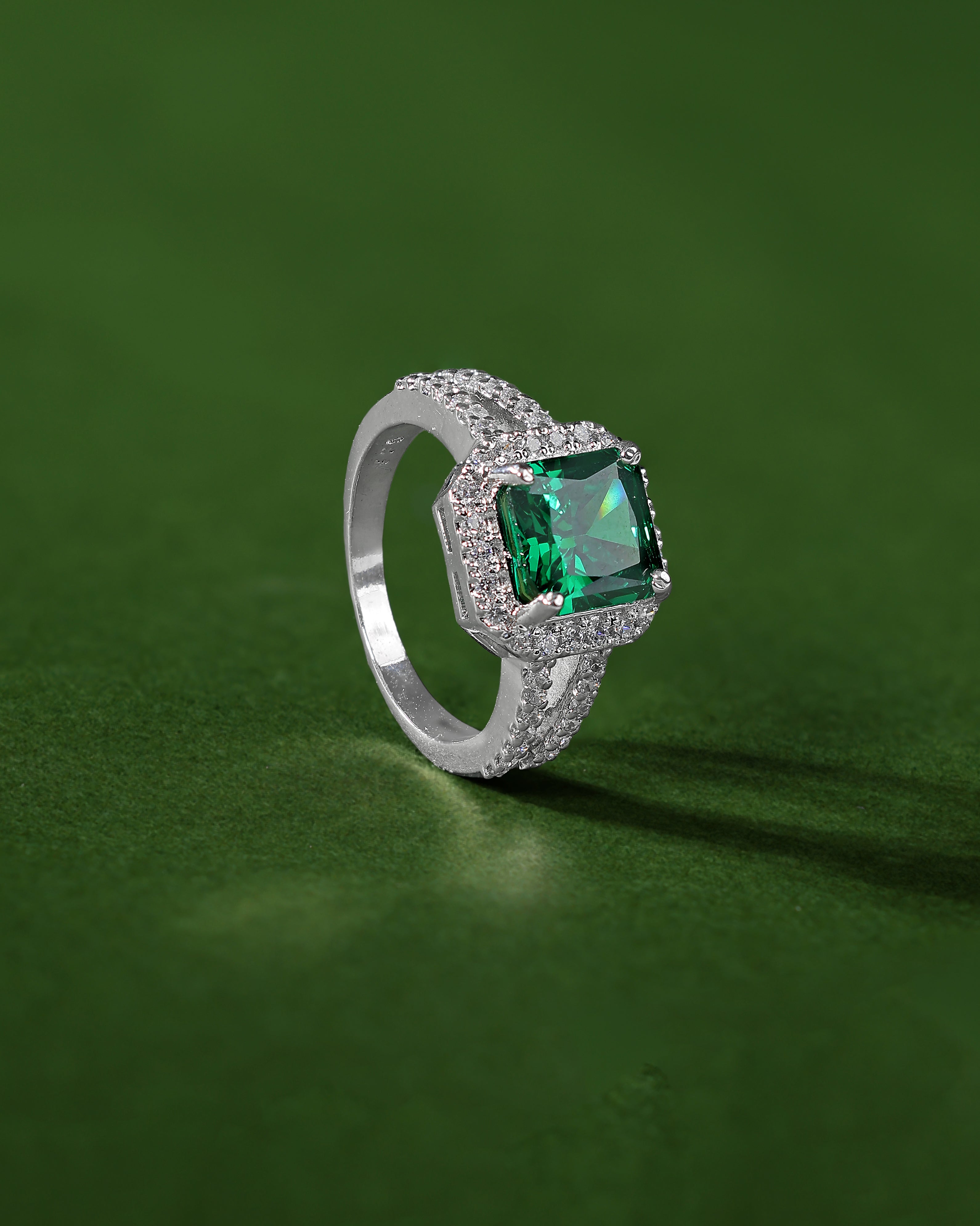 Green Cushion-Cut Halo Ring in 92.5 Silver