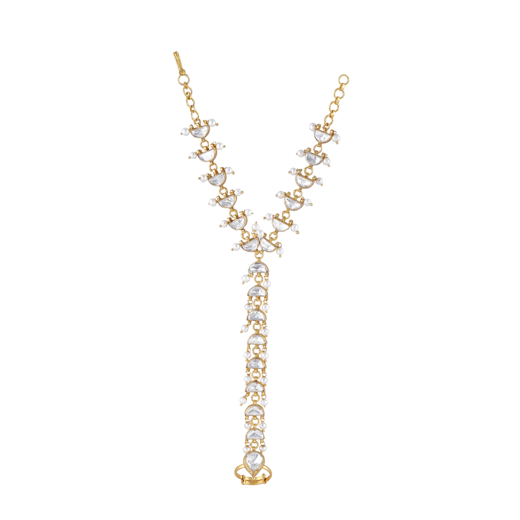 Silver Kundan Haath Phool with Delicate Pearl Accents