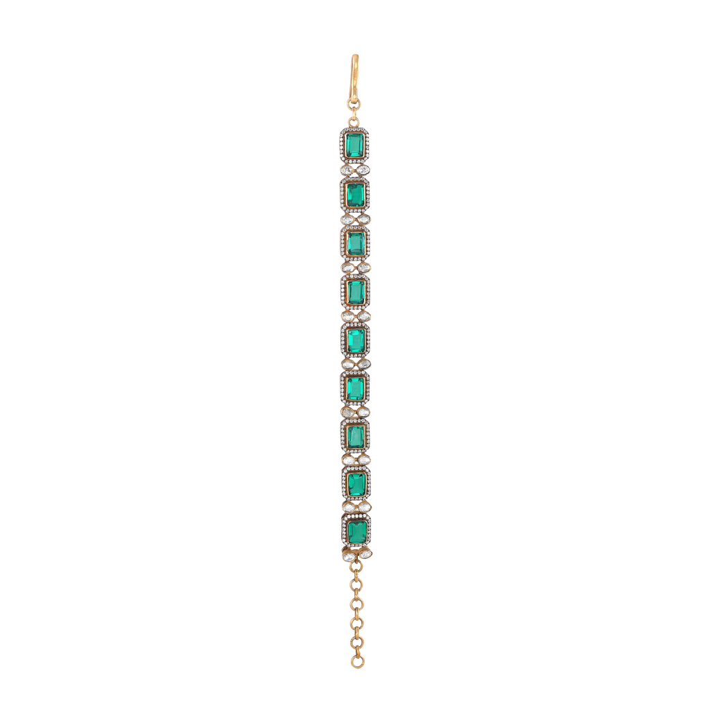 Silver Polki Pattern Bracelet With Green Stones