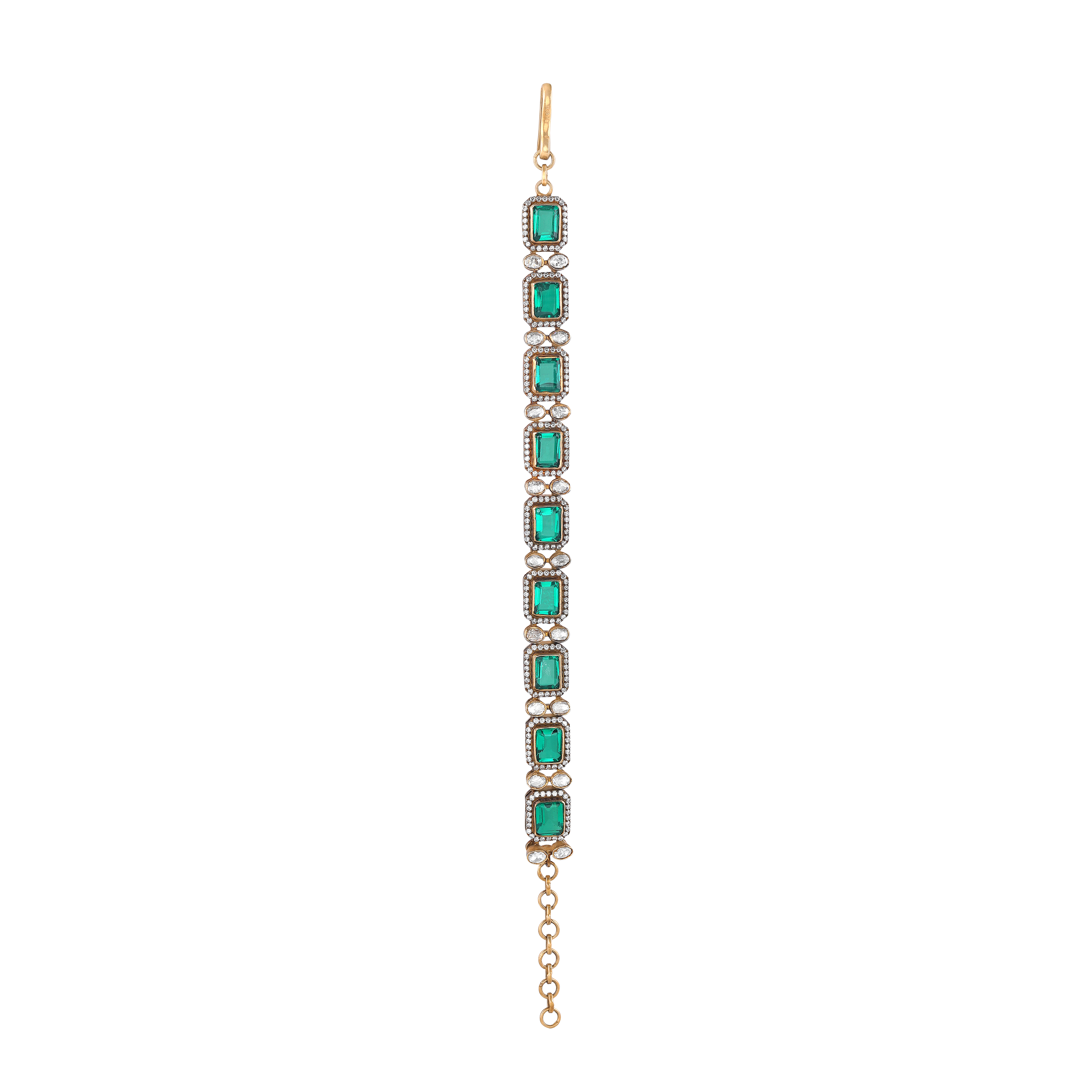 Silver Polki Pattern Bracelet With Green Stones