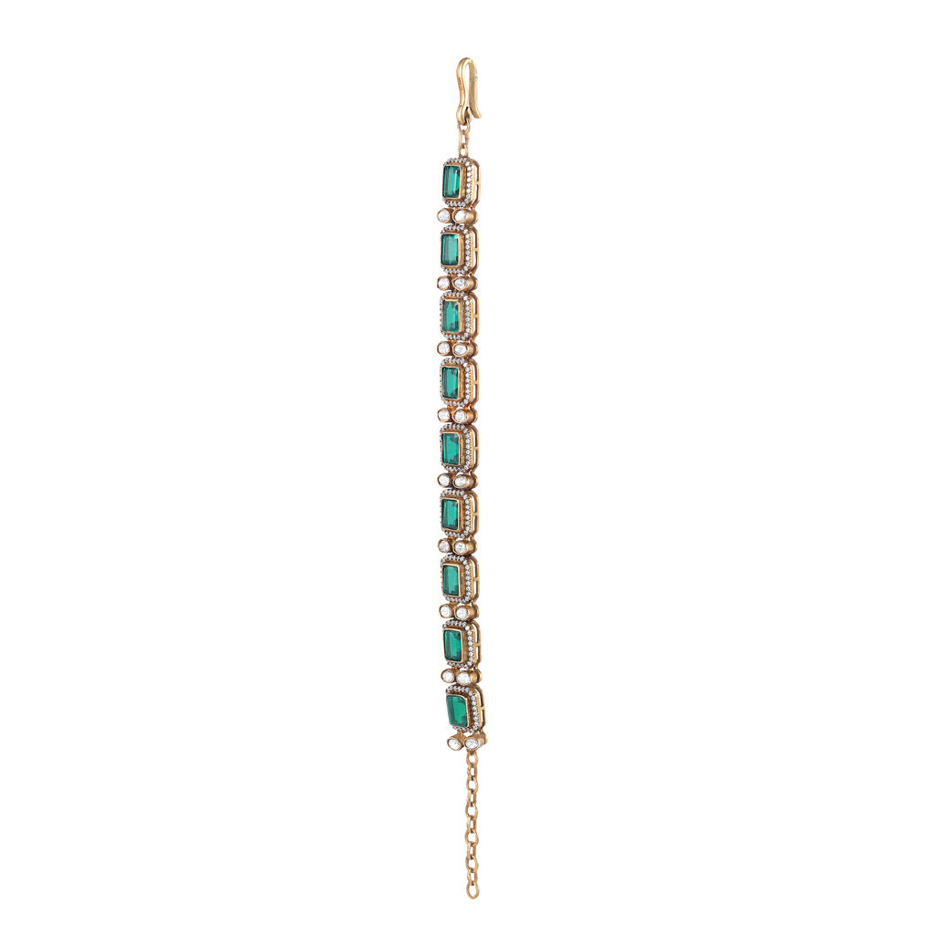 Silver Polki Pattern Bracelet With Green Stones