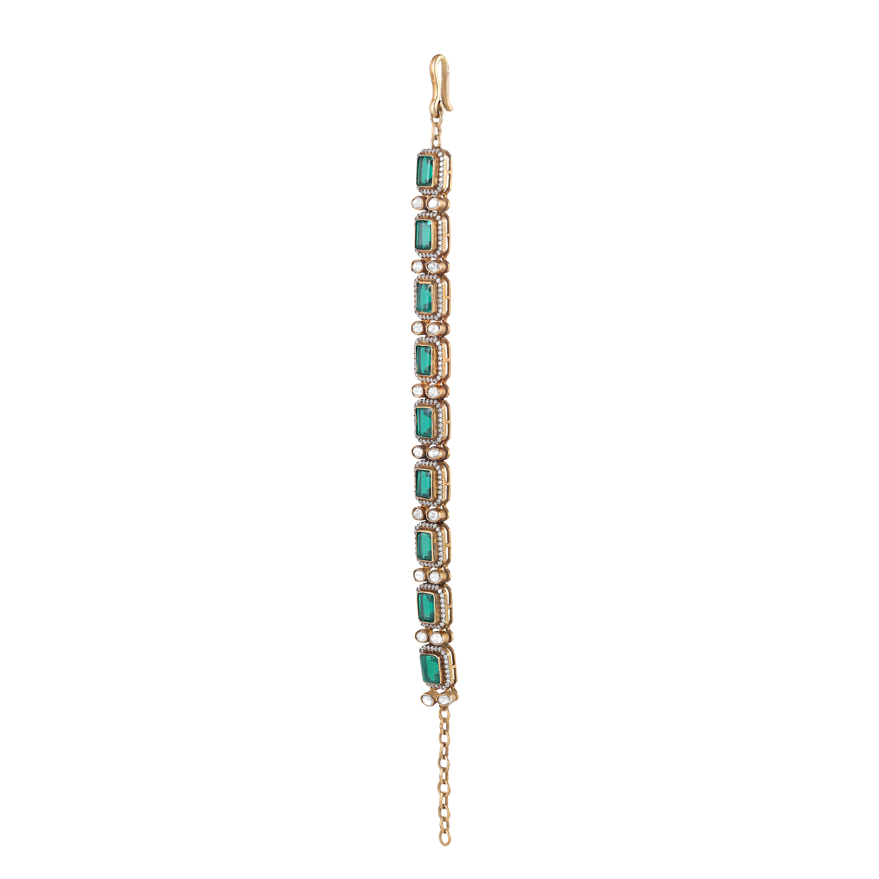 Silver Polki Pattern Bracelet With Green Stones