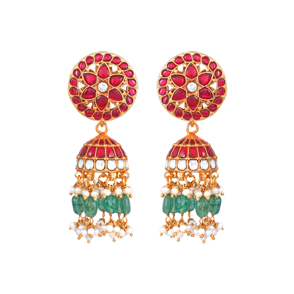 Floral Kundan Pattern Silver Jhumkas