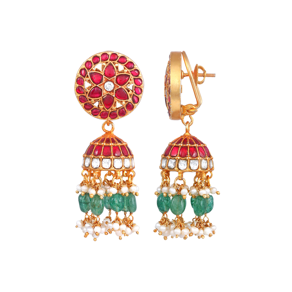 Floral Kundan Pattern Silver Jhumkas