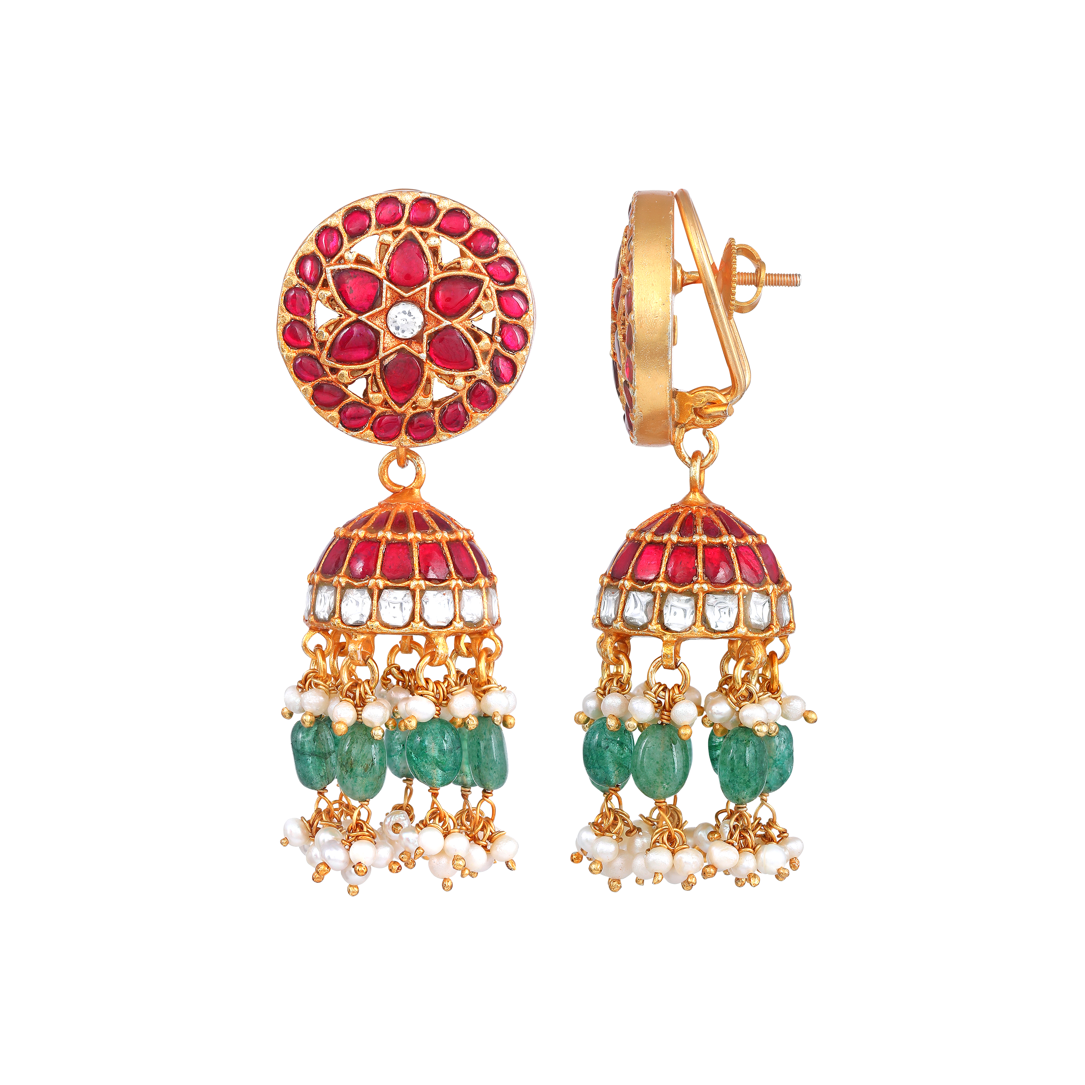 Floral Kundan Pattern Silver Jhumkas