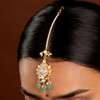 Silver Maang Tikka with Pearls and Green Beads