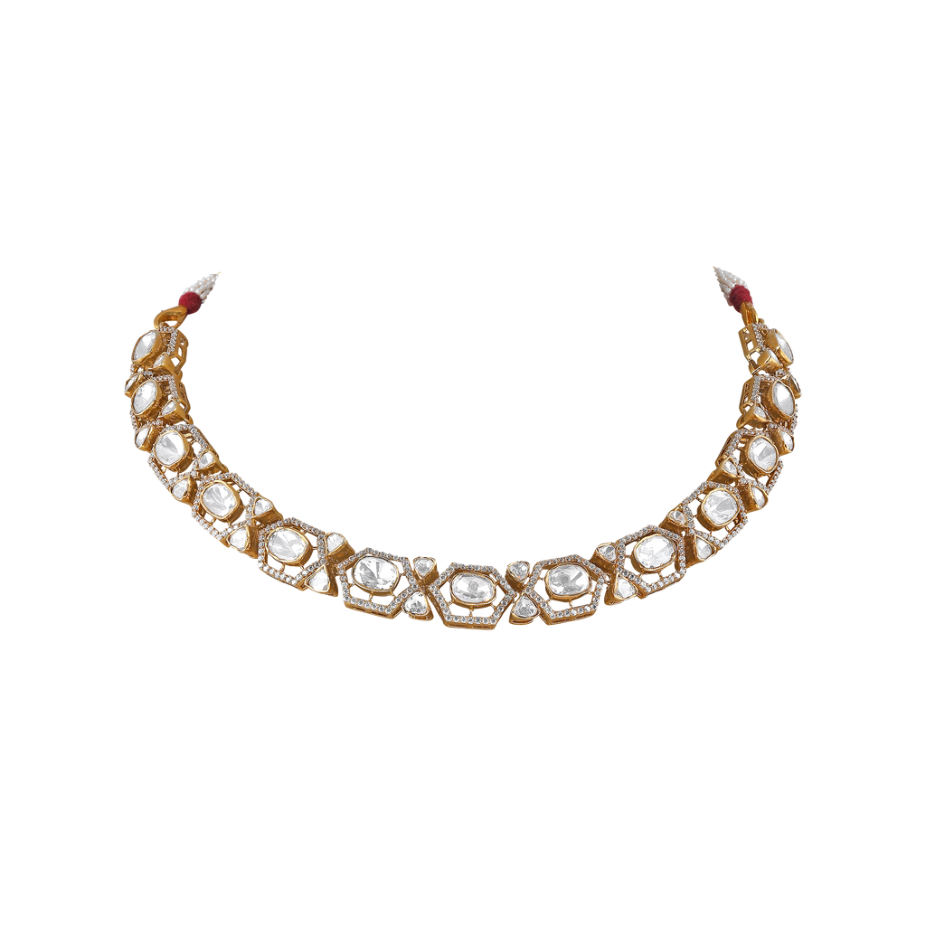 Geometric Polki Pattern Necklace in 92.5 Silver
