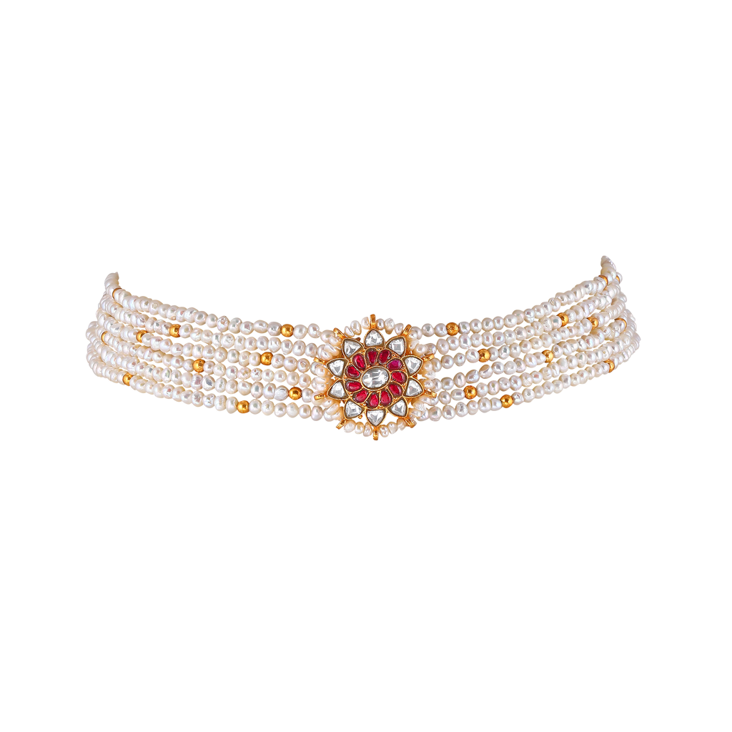 Multi-Strand Pearl Choker with CZ Floral Pendant in Gold Plated Silver