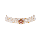 Multi-Strand Pearl Choker with CZ Floral Pendant in Gold Plated Silver