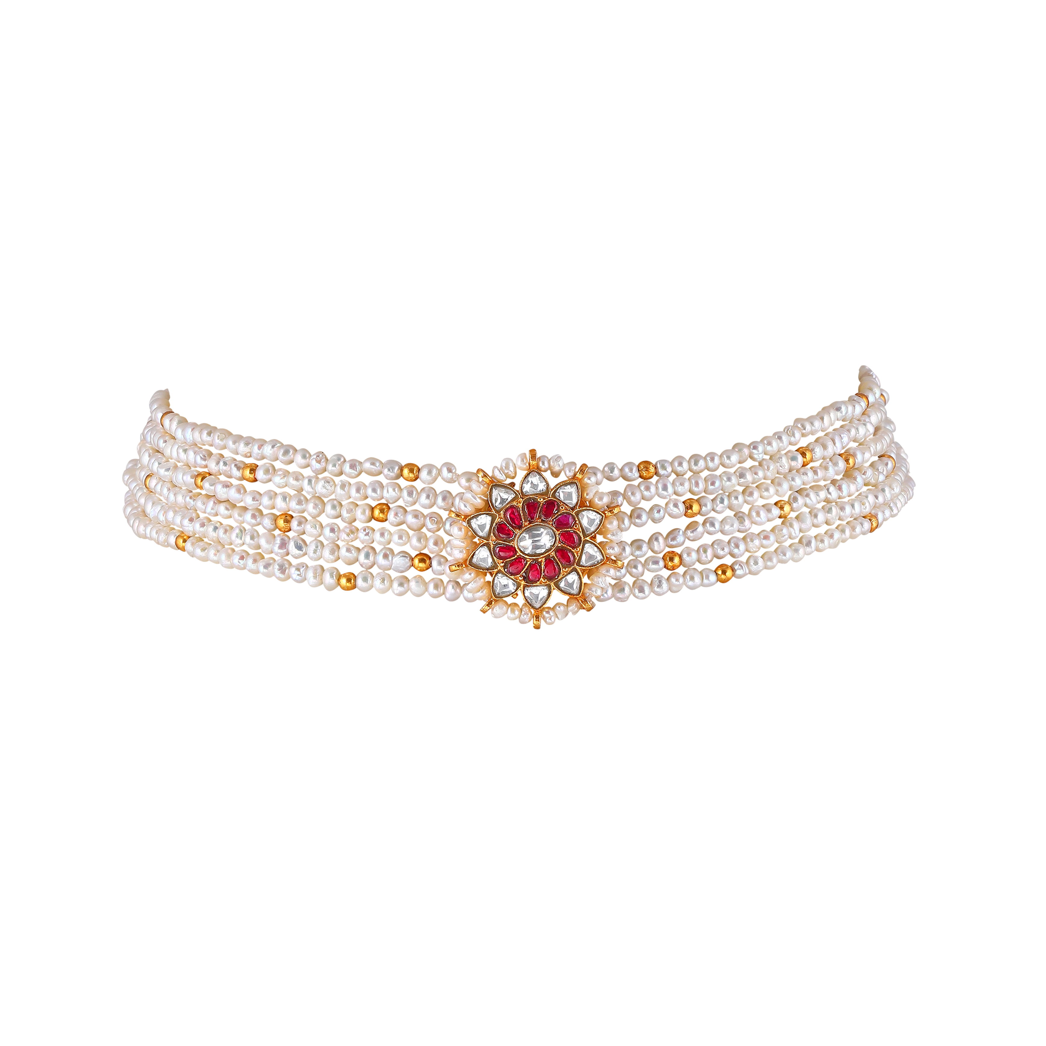 Multi-Strand Pearl Choker with CZ Floral Pendant in Gold Plated Silver