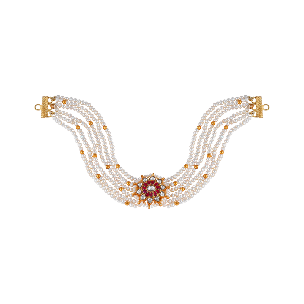 Multi-Strand Pearl Choker with CZ Floral Pendant in Gold Plated Silver