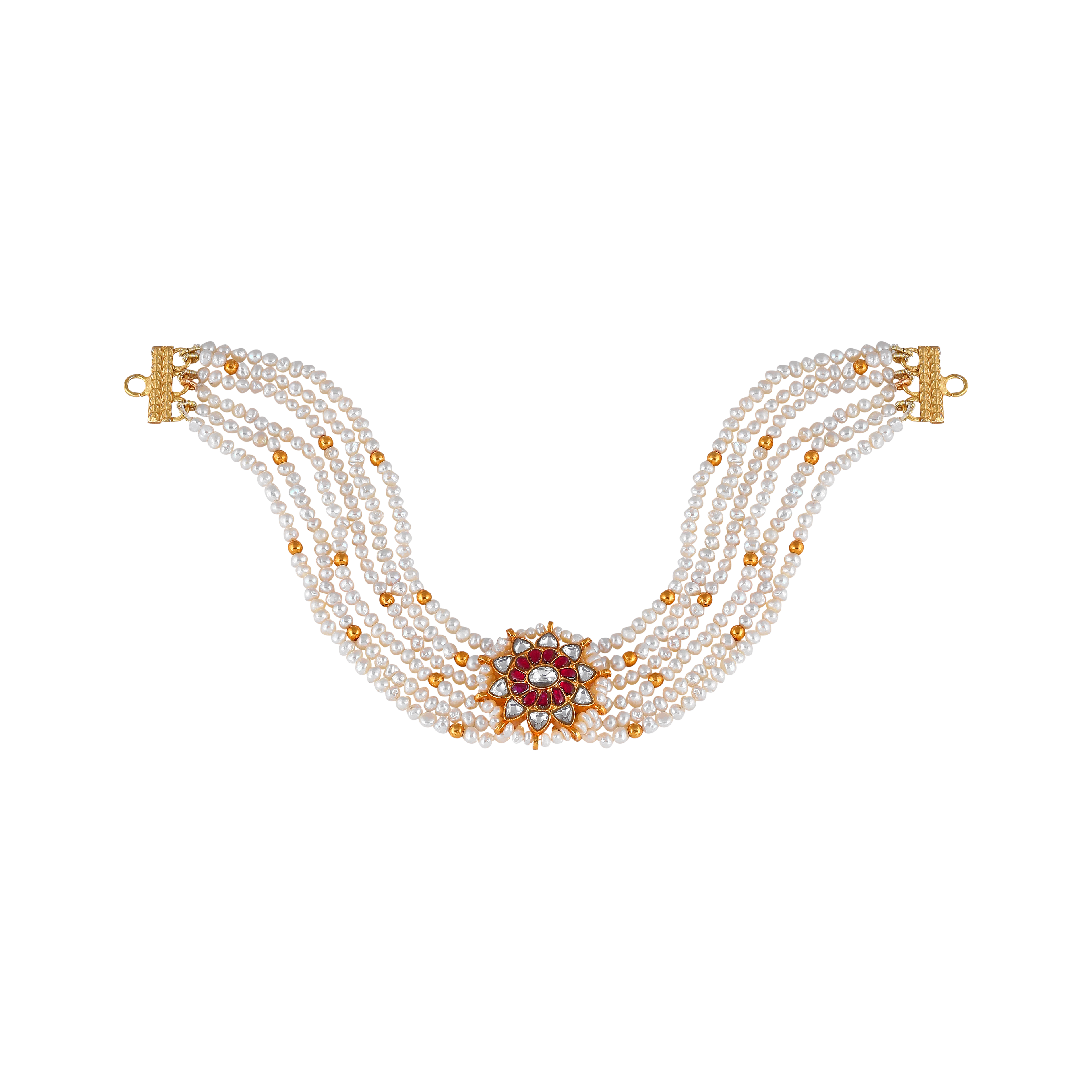 Multi-Strand Pearl Choker with CZ Floral Pendant in Gold Plated Silver