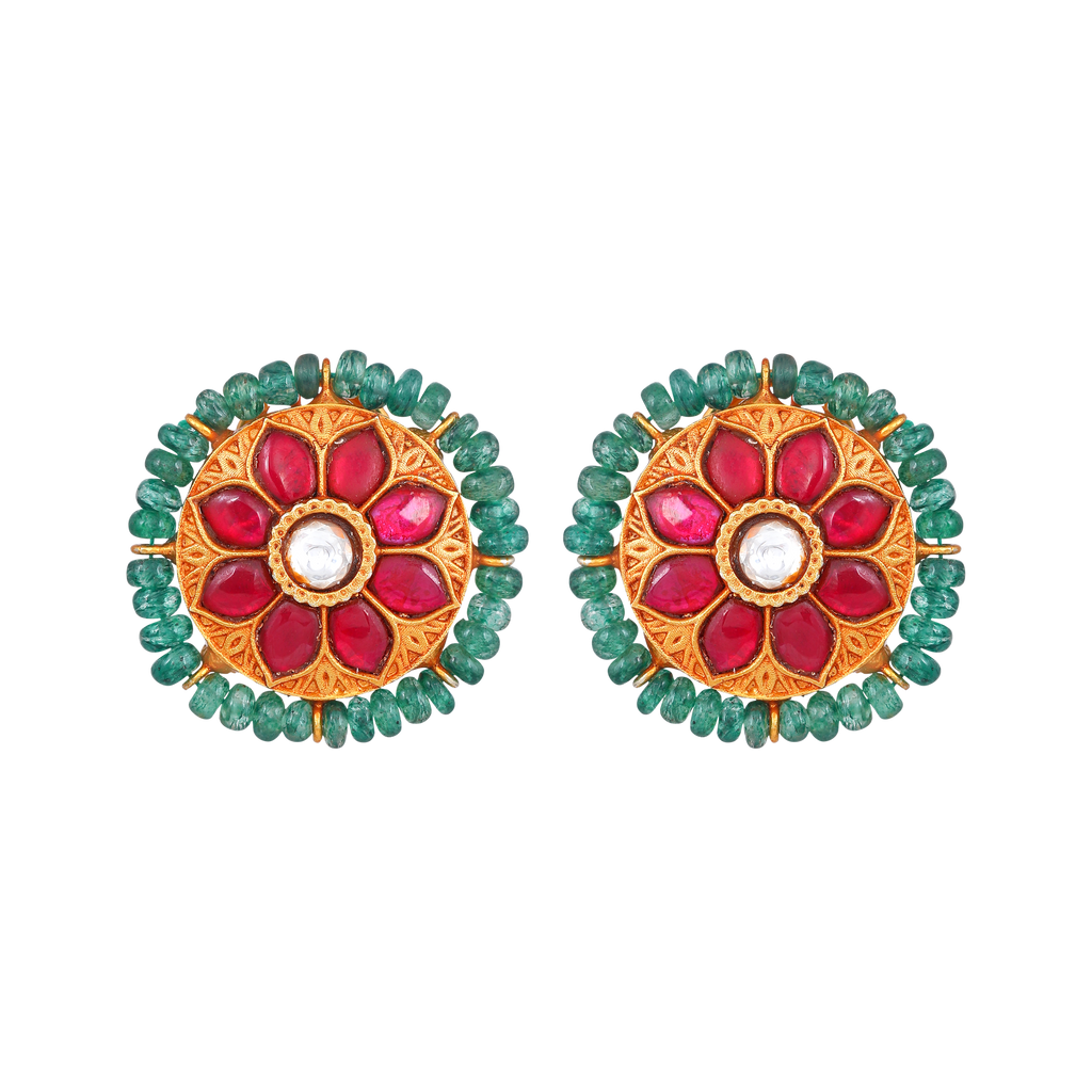 Silver Studs With Green Beads