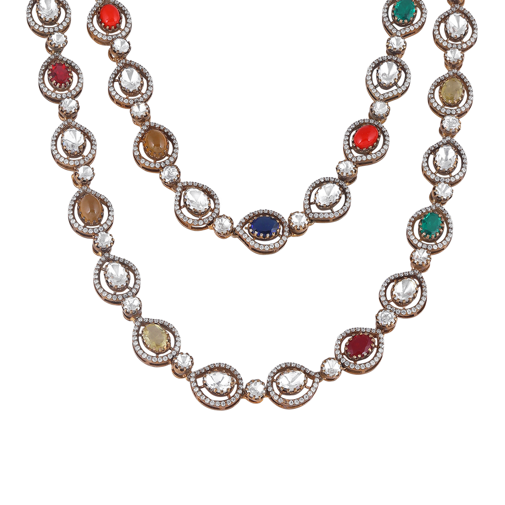 Regal Navratan Design Silver Double-Layered Necklace