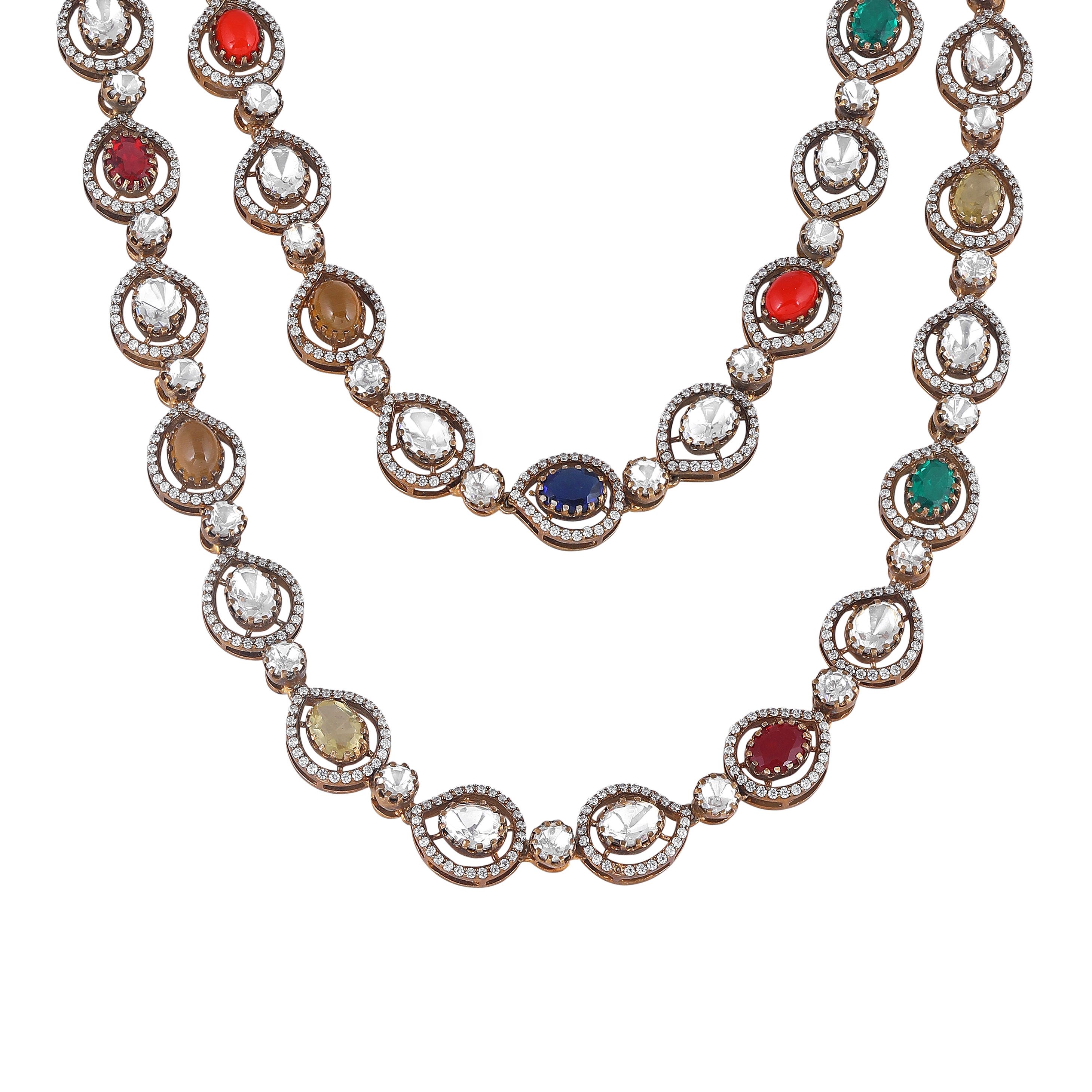 Regal Navratan Design Silver Double-Layered Necklace