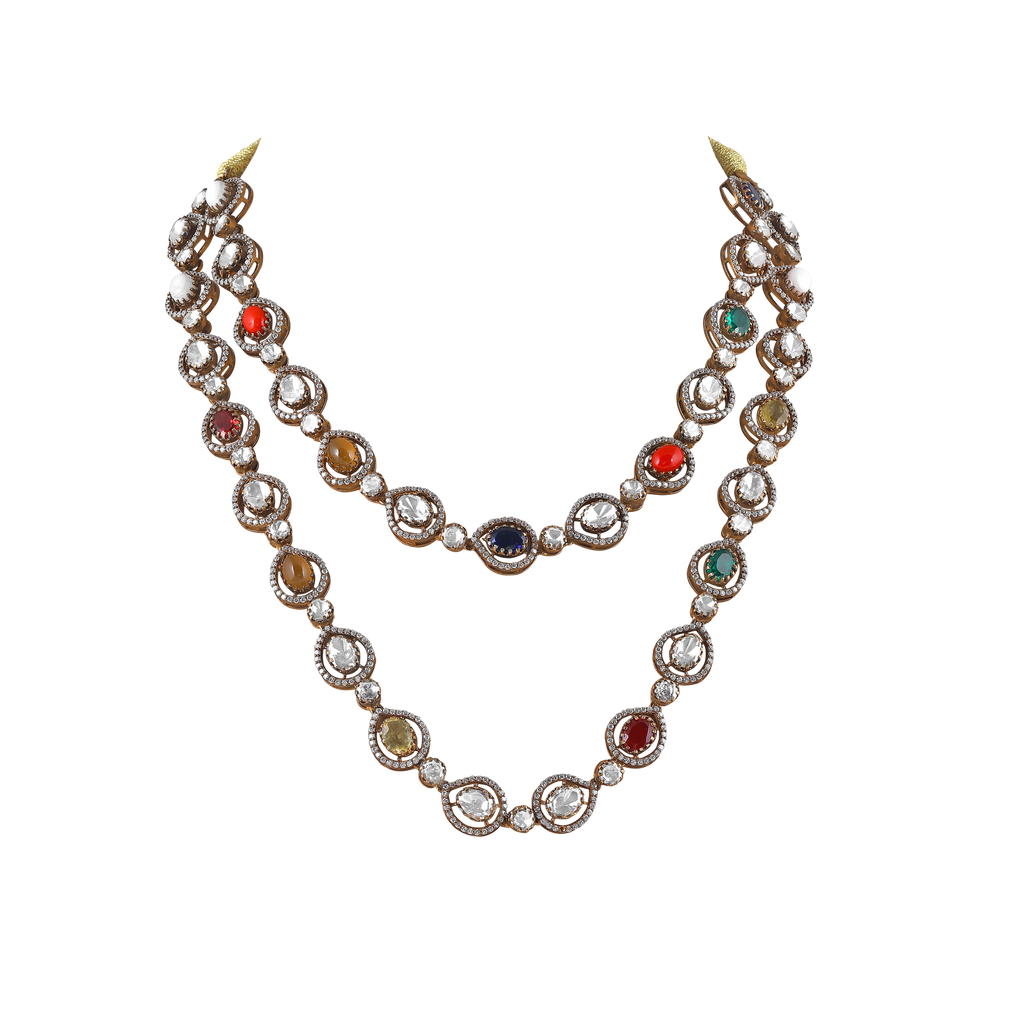 Regal Navratan Design Silver Double-Layered Necklace