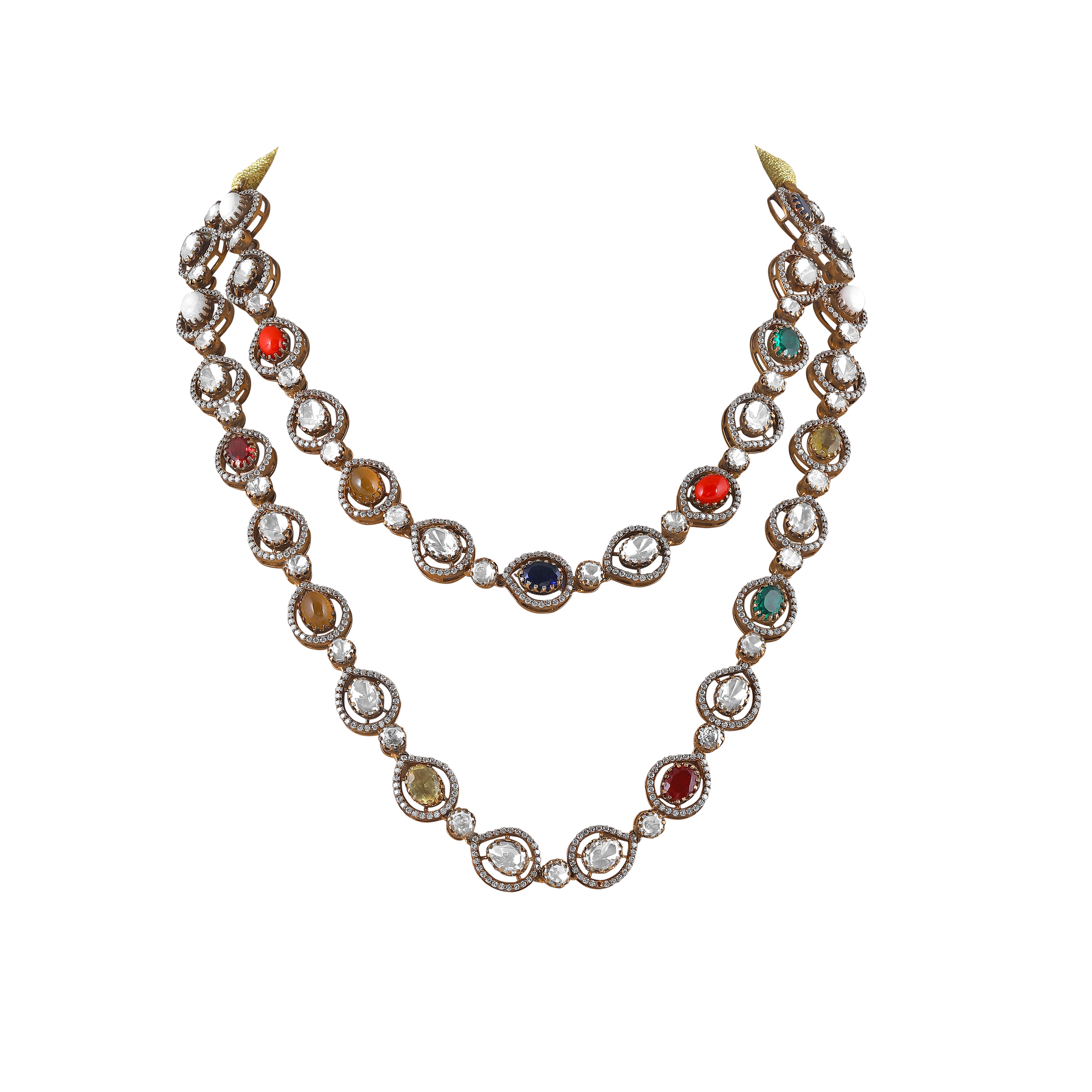 Regal Navratan Design Silver Double-Layered Necklace