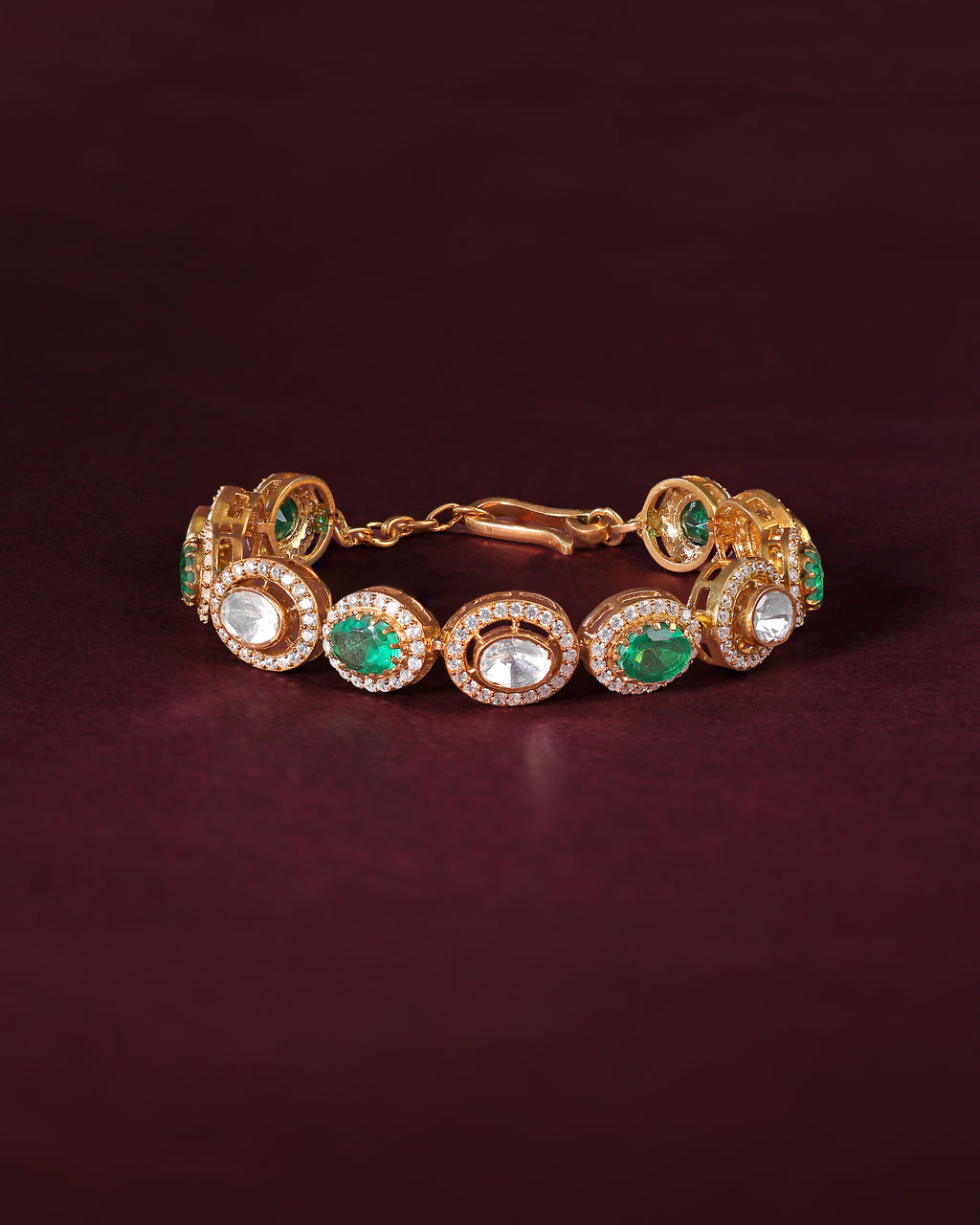 Gold Plated Silver Polki Pattern Bracelet with Green Stone