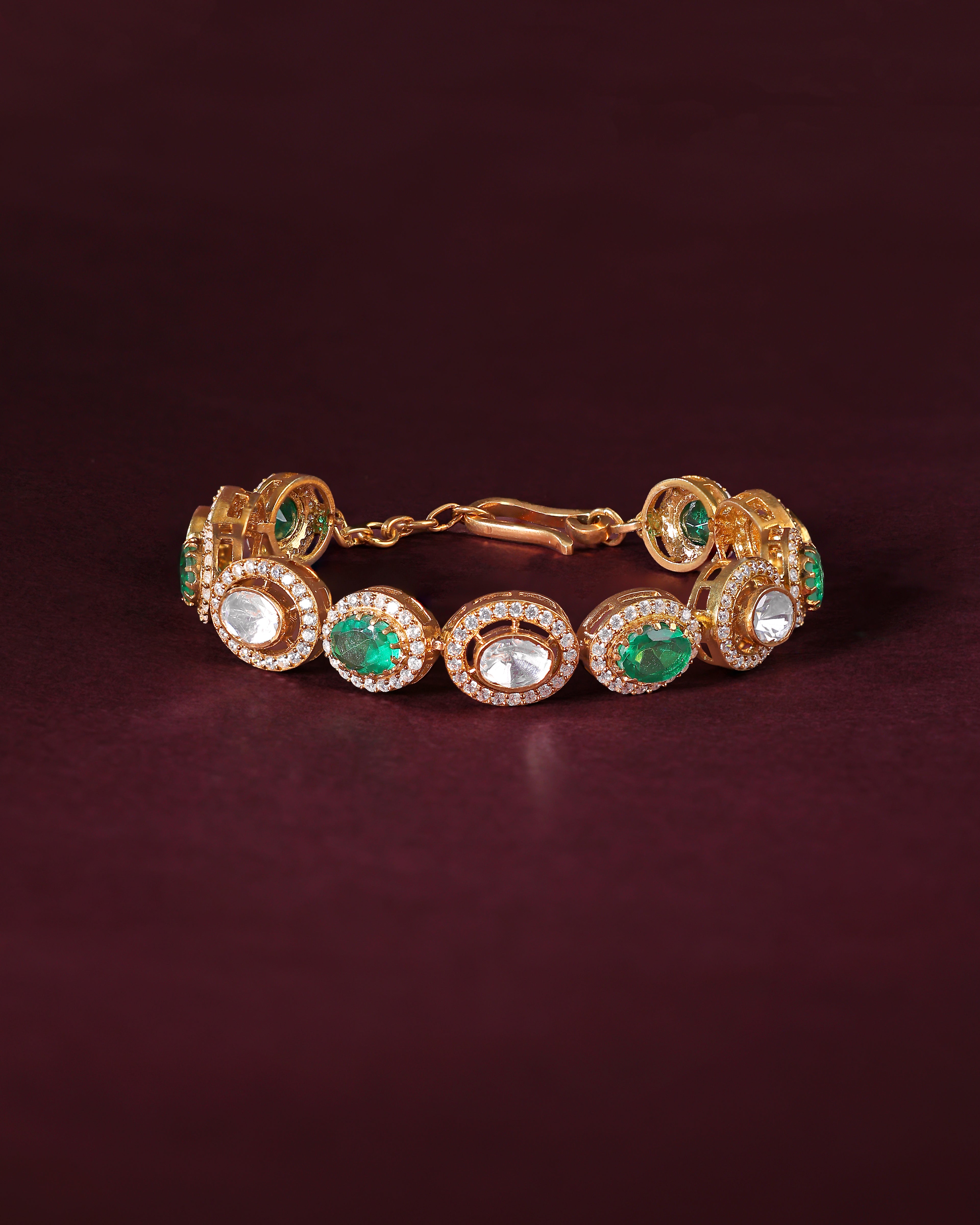 Gold Plated Silver Polki Pattern Bracelet with Green Stone