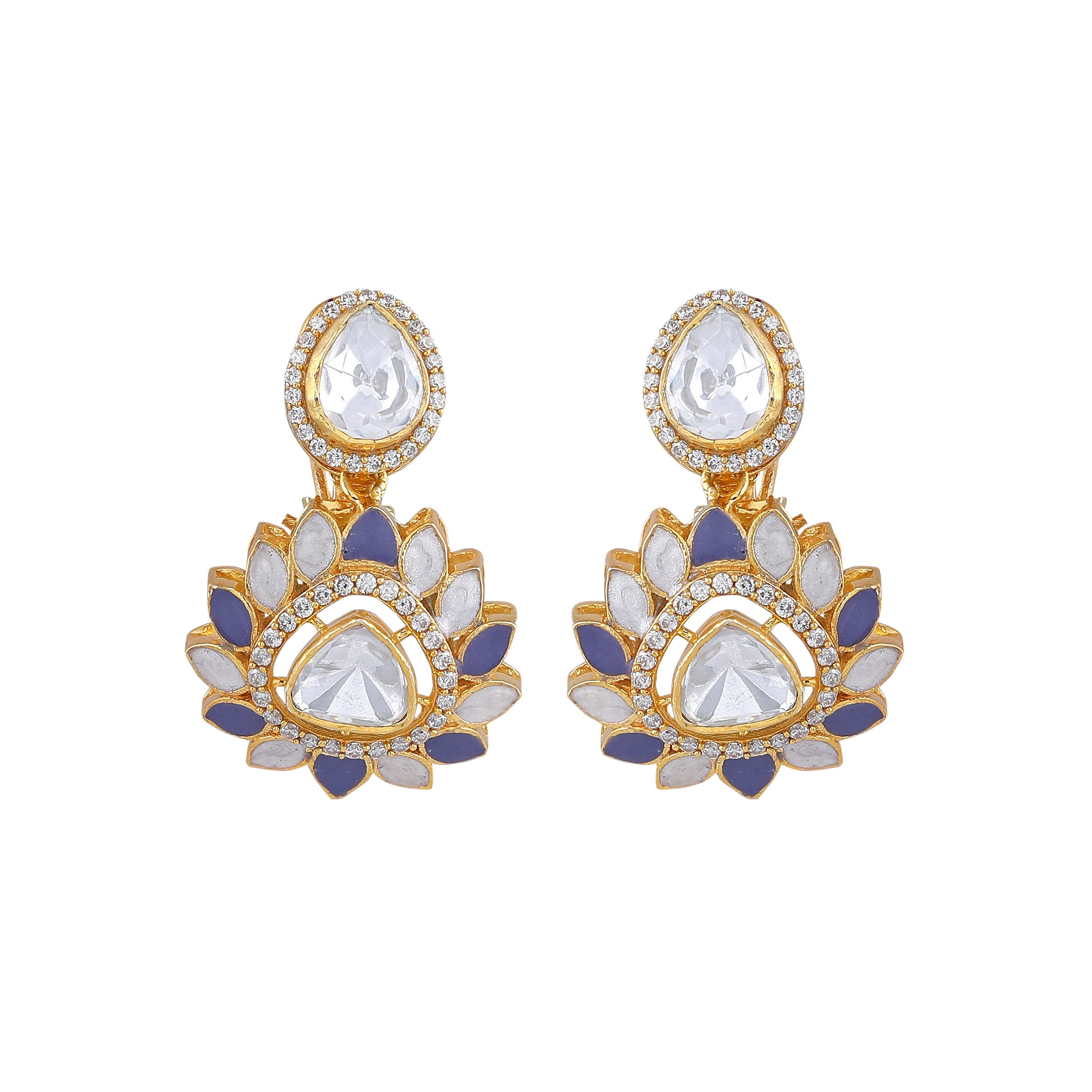 Silver Gold-Plated Polki Pattern Floral Drop Earrings