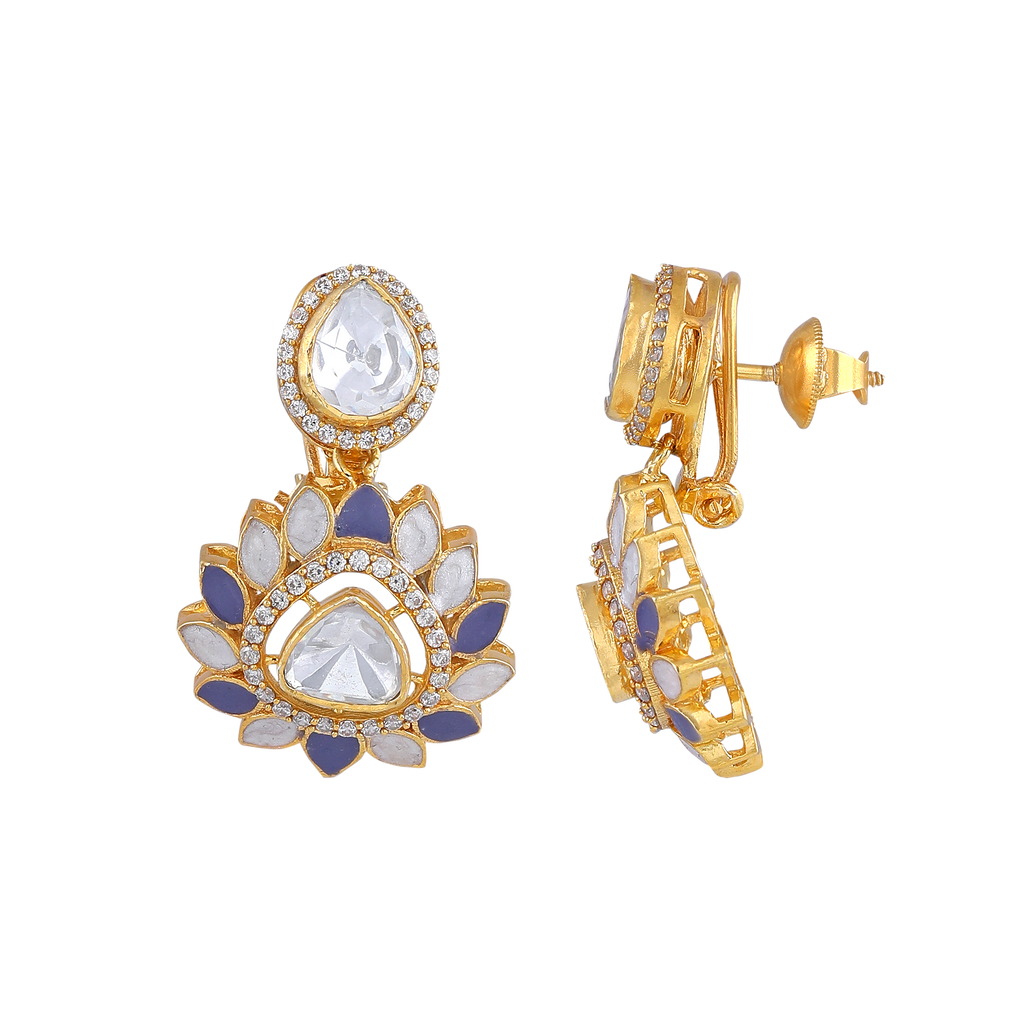 Silver Gold-Plated Polki Pattern Floral Drop Earrings