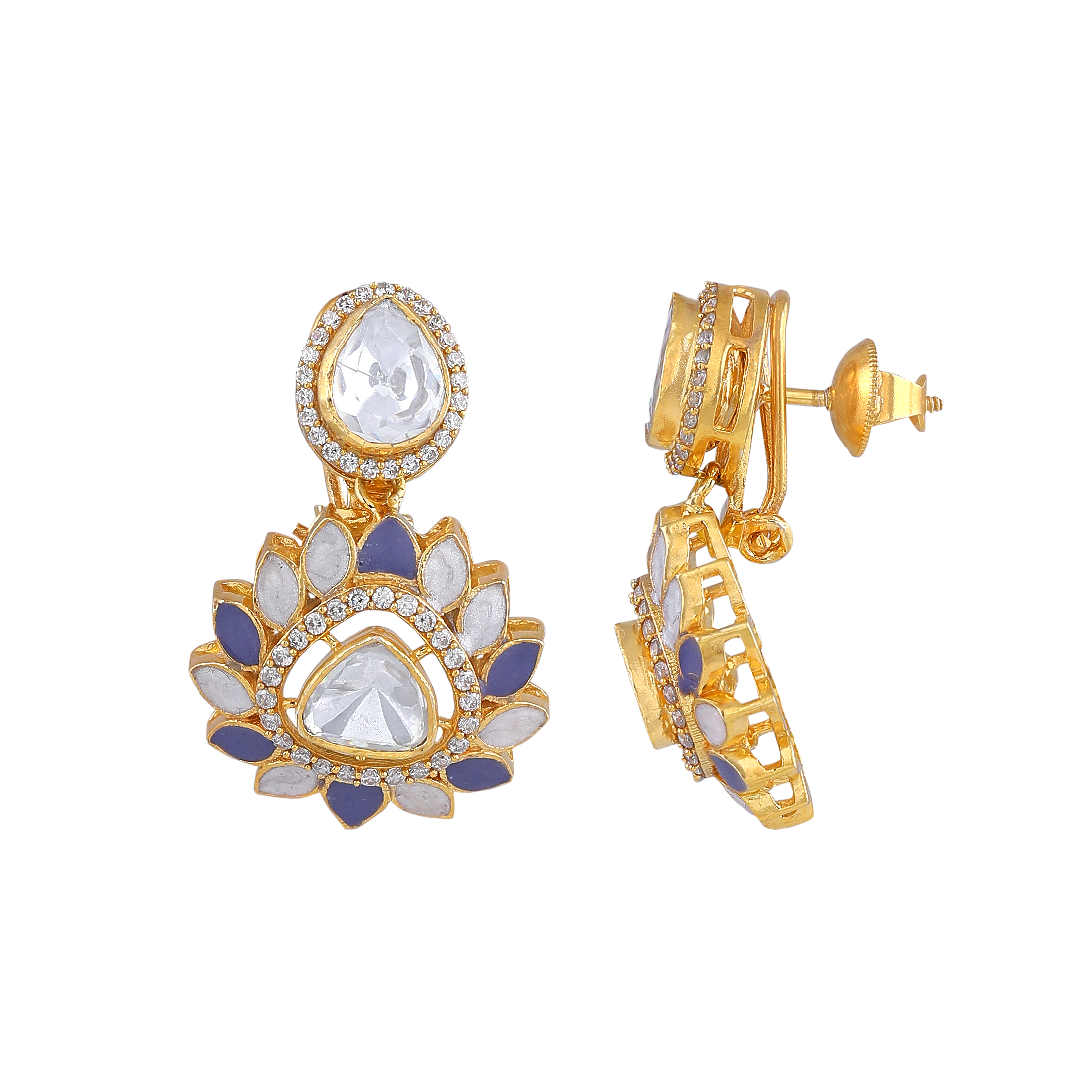 Silver Gold-Plated Polki Pattern Floral Drop Earrings